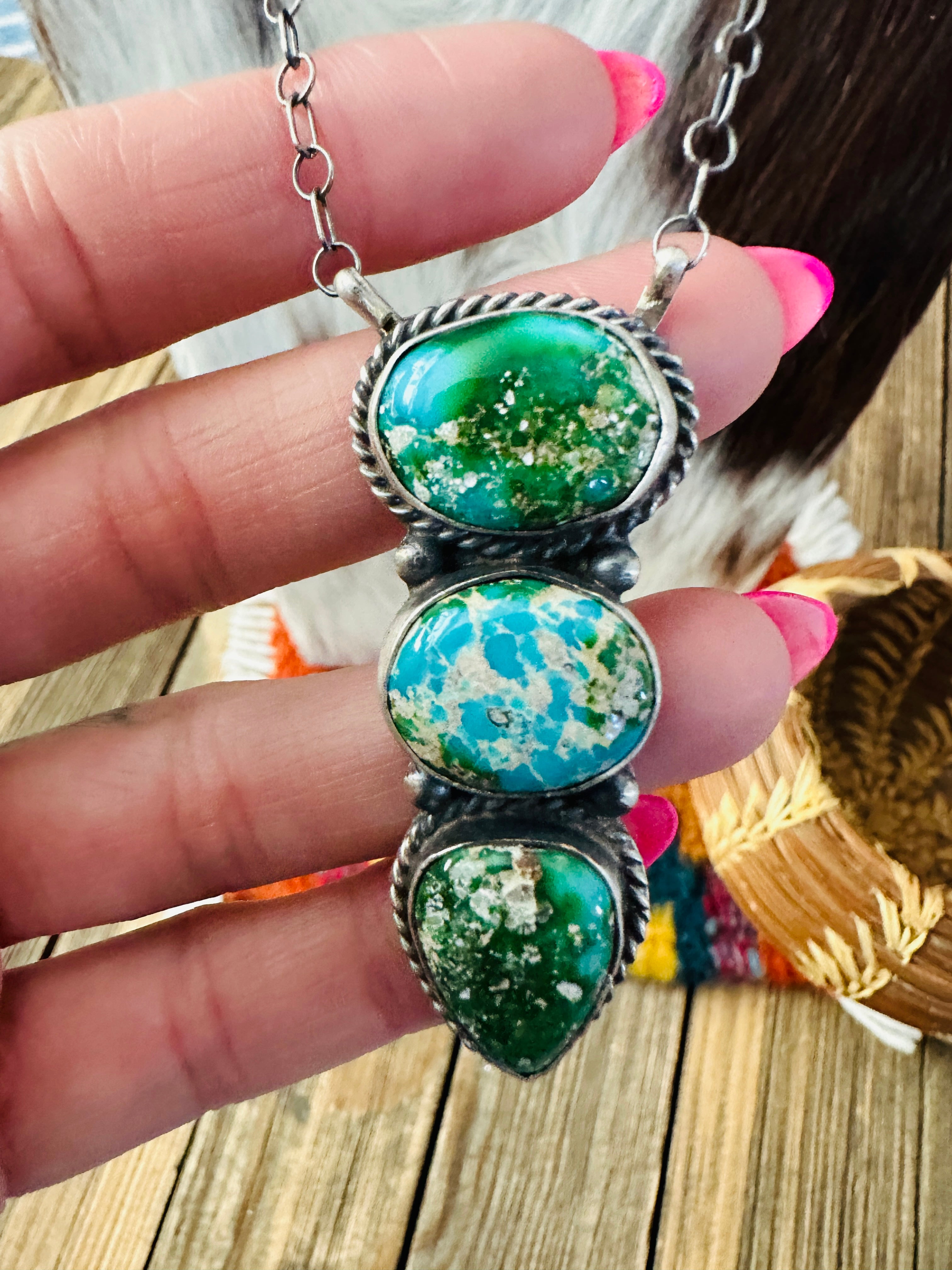 Handcrafted Sonoran Mountain Turquoise & Sterling Silver Necklace by Vicky Hicks