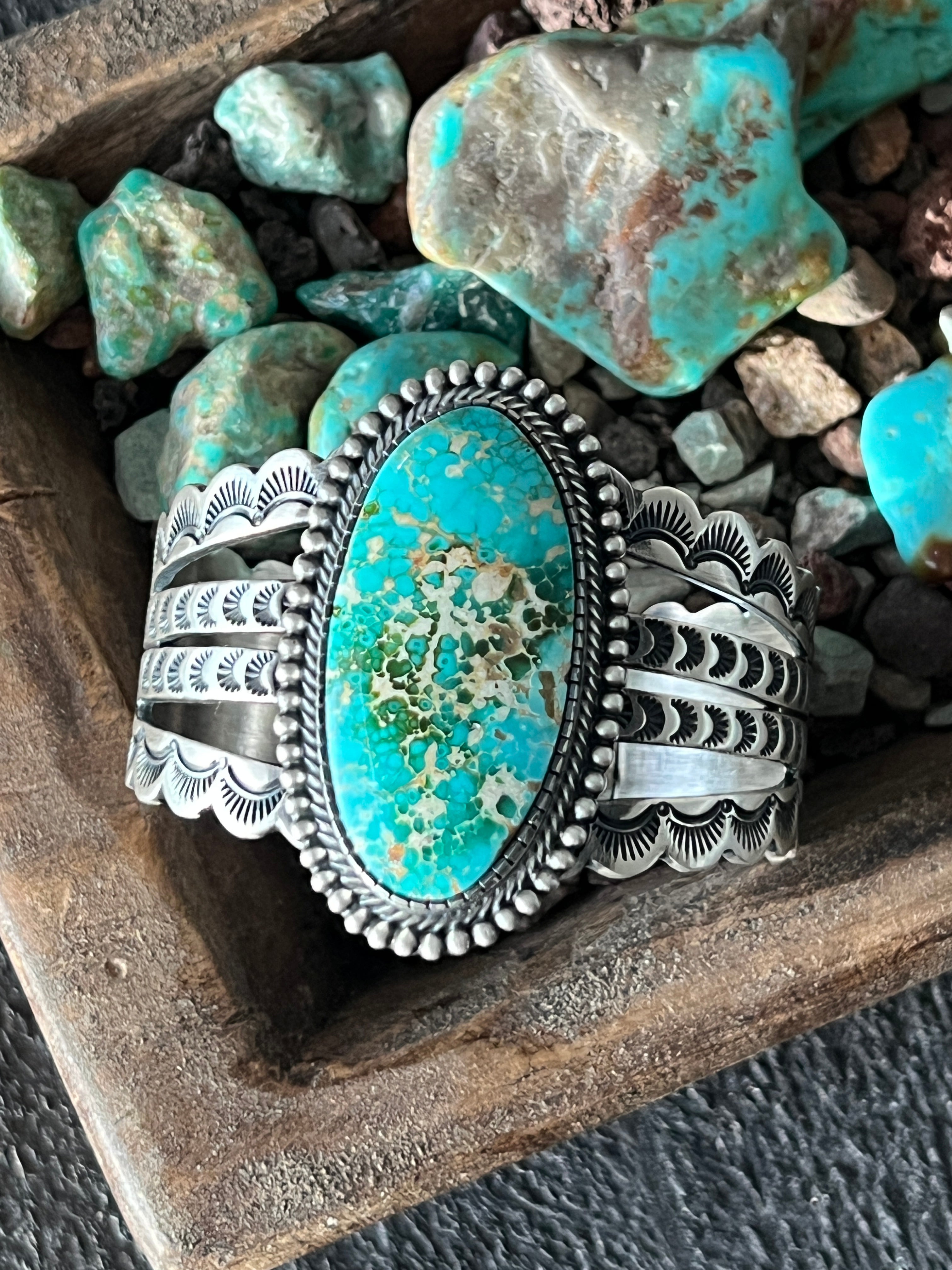 Handcrafted and Hand Stamped Sterling Silver and Royston Turquoise Cuff Bracelet by Diane Wylie