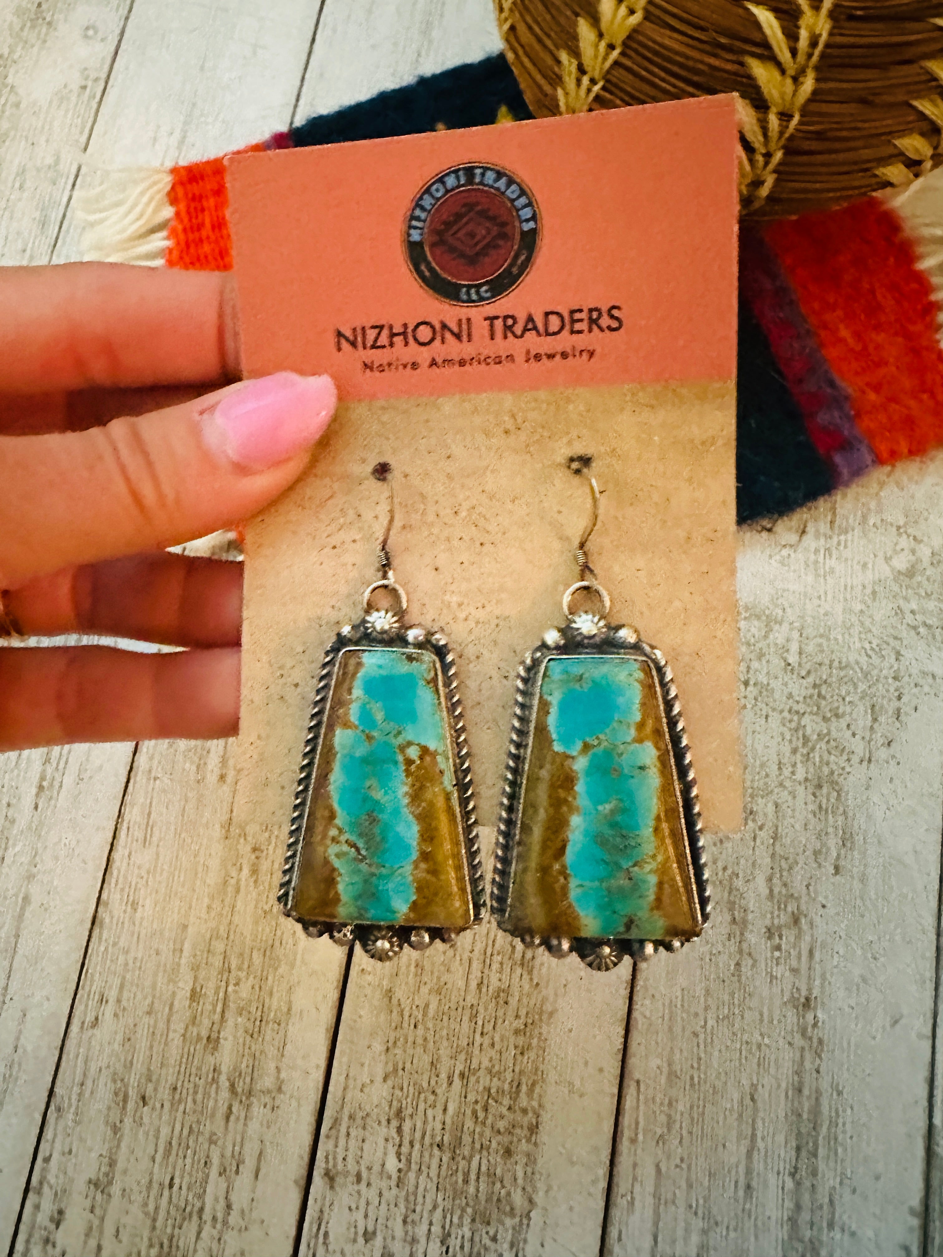 Navajo Number 8 Turquoise And Sterling Silver Dangle Earrings