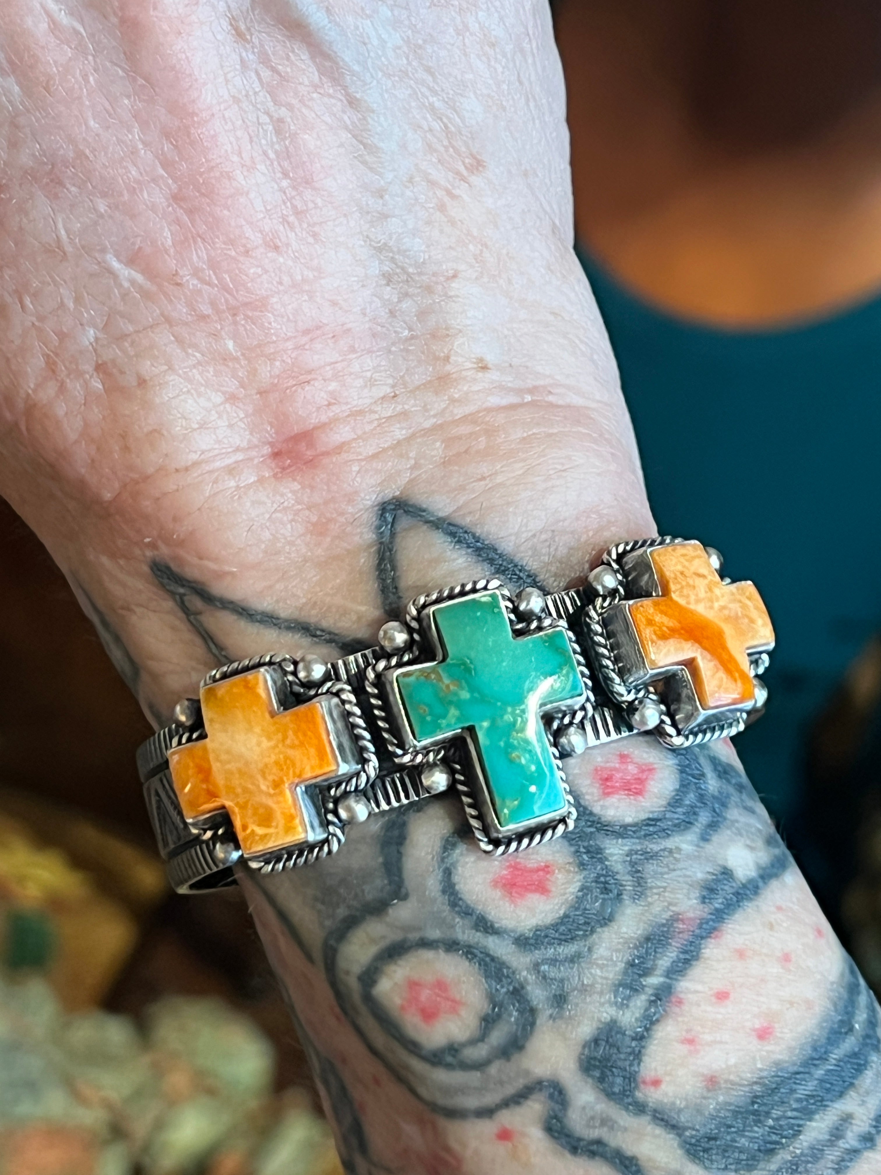 Handcrafted Hand Stamped Sterling Silver, Kingman Turquoise and Spiny Oyster Cross Cuff Bracelet by Bernyse Chavez