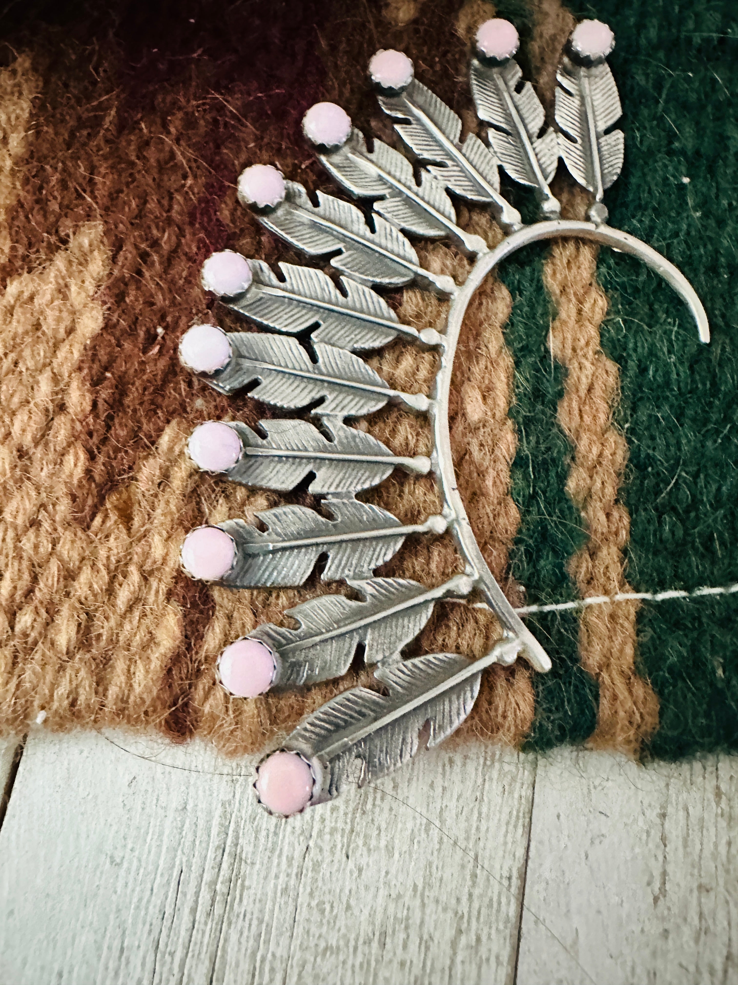 Navajo Queen Pink Conch & Sterling Silver Feather Cuff Earring