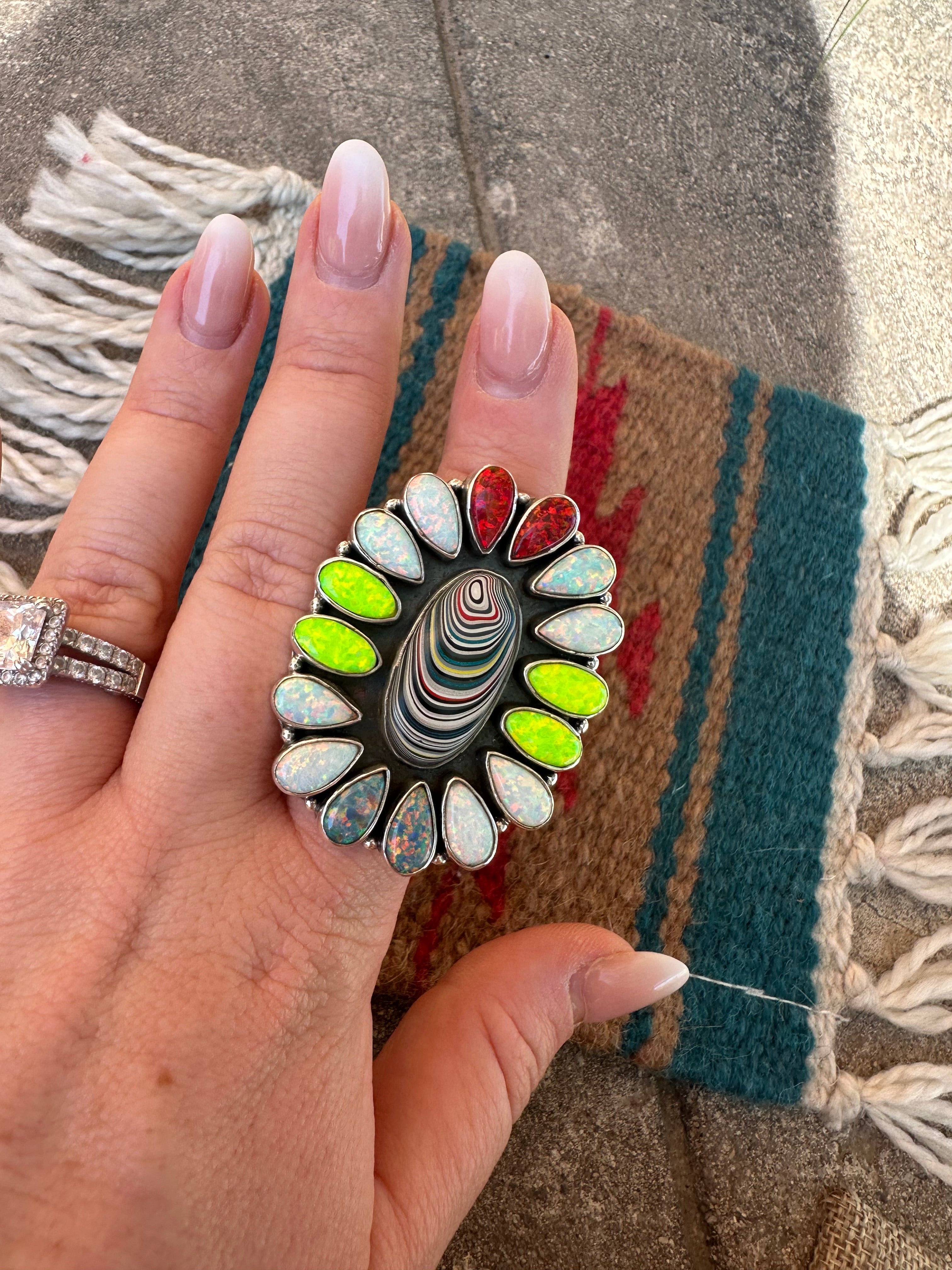 Handmade Sterling Silver, Fordite & Fire Opal Cluster Adjustable Ring 1