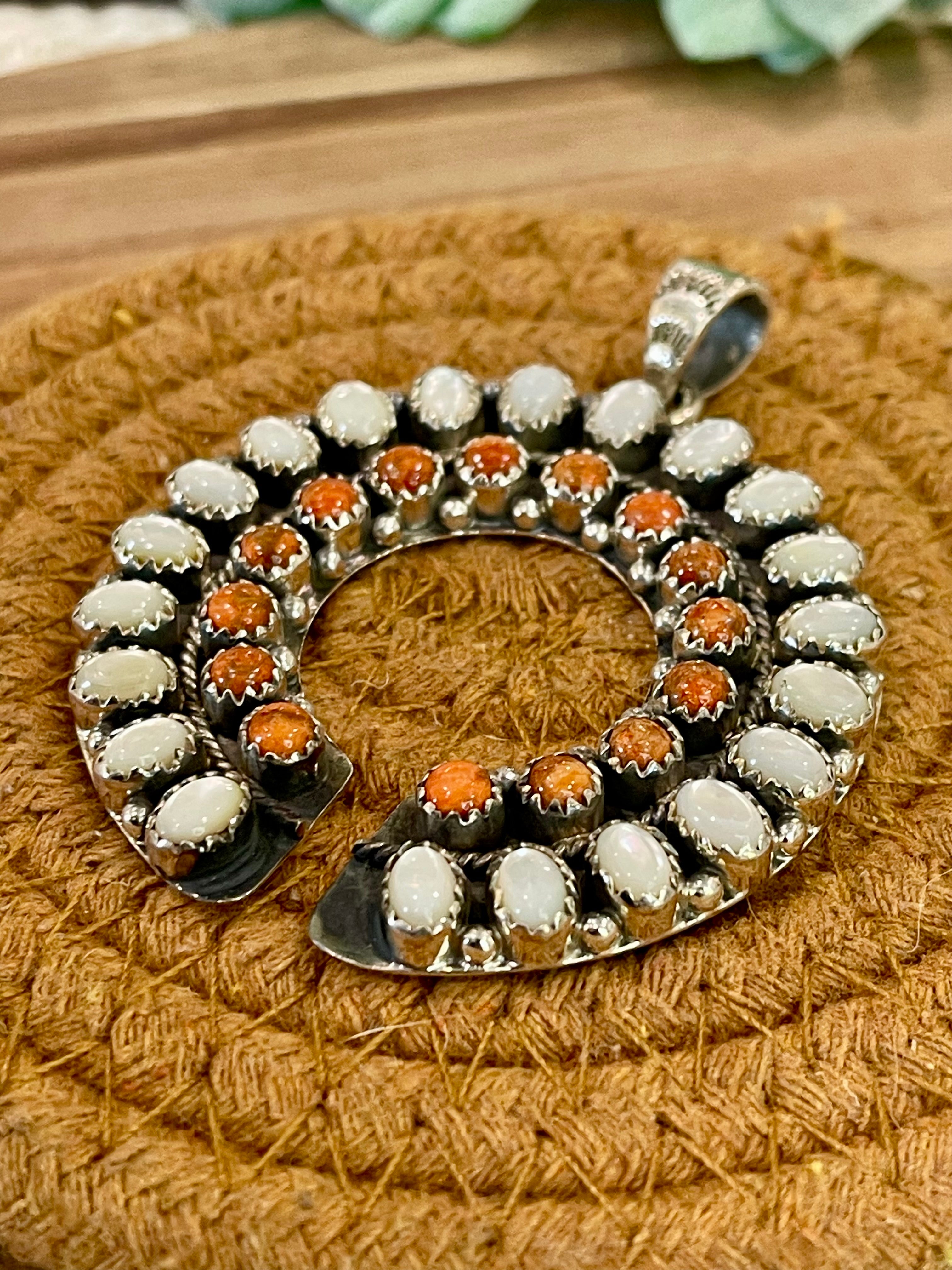 Handmade Sterling Silver, Mother Of Pearl & Orange Mojave Cluster Pendant Signed Nizhoni