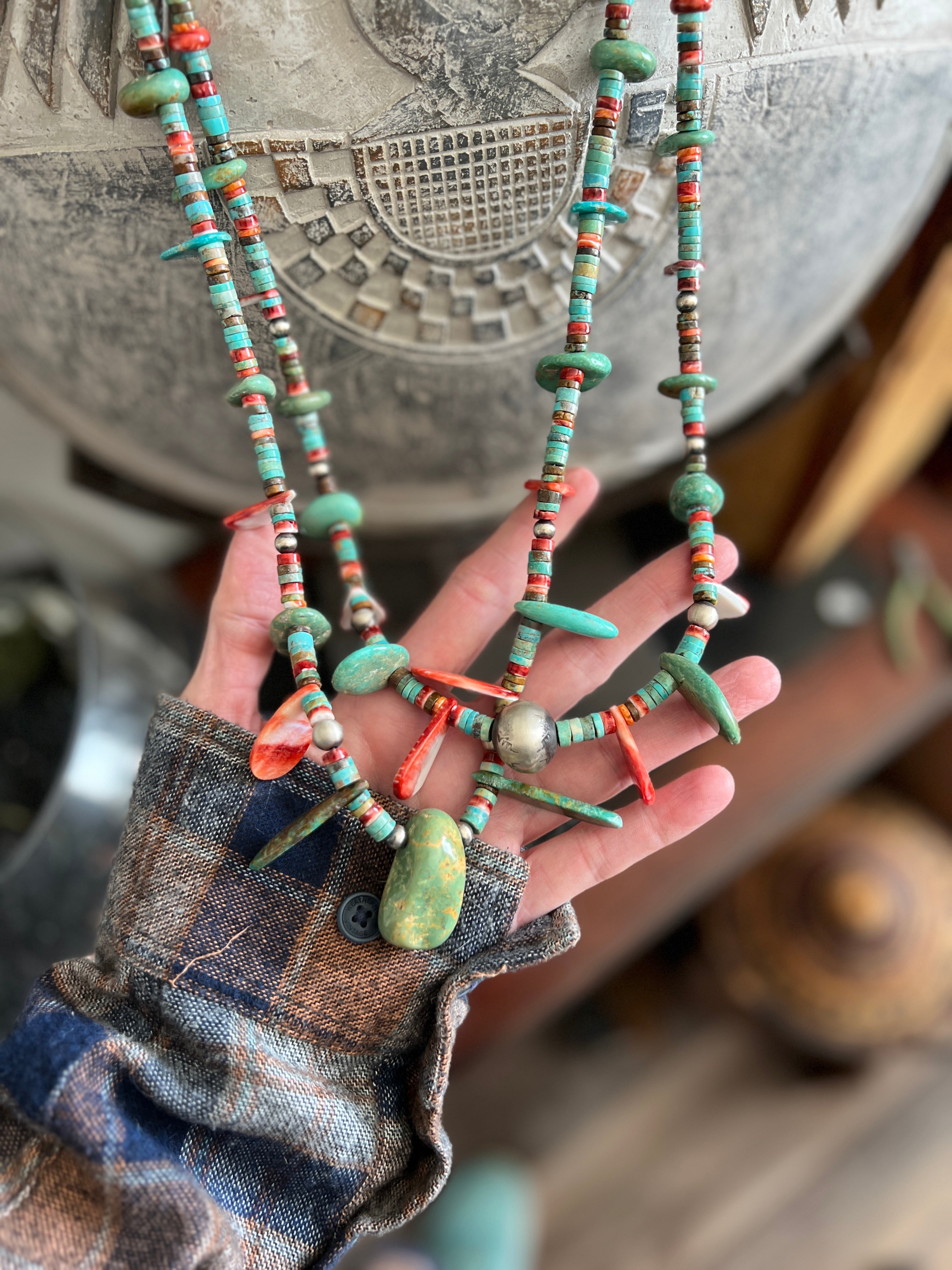 Stunning Handcrafted Double Strand Sterling Silver, Turquoise and Spiny Oyster Beaded Tab Necklace by Daniel Coriz