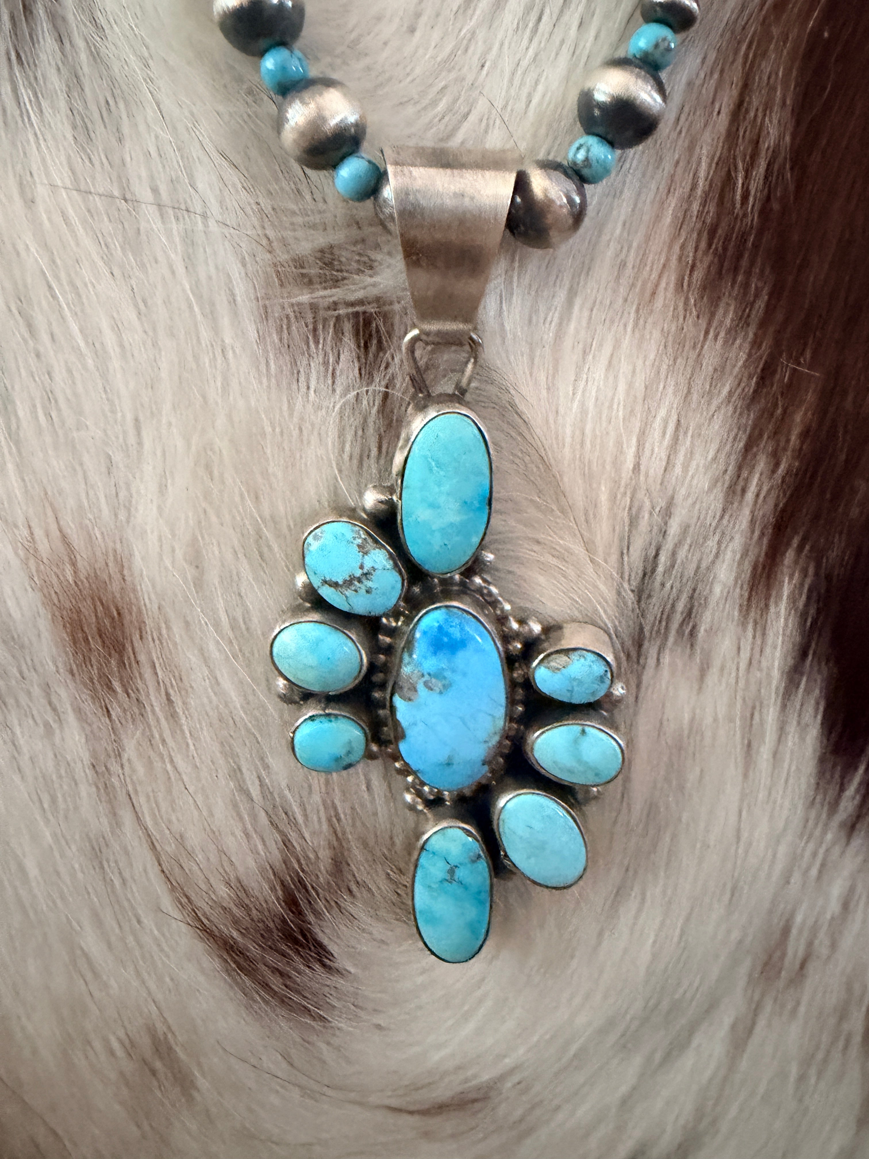 Handcrafted Turquoise & Sterling Silver Cluster Beaded Necklace by Sheila Becenti
