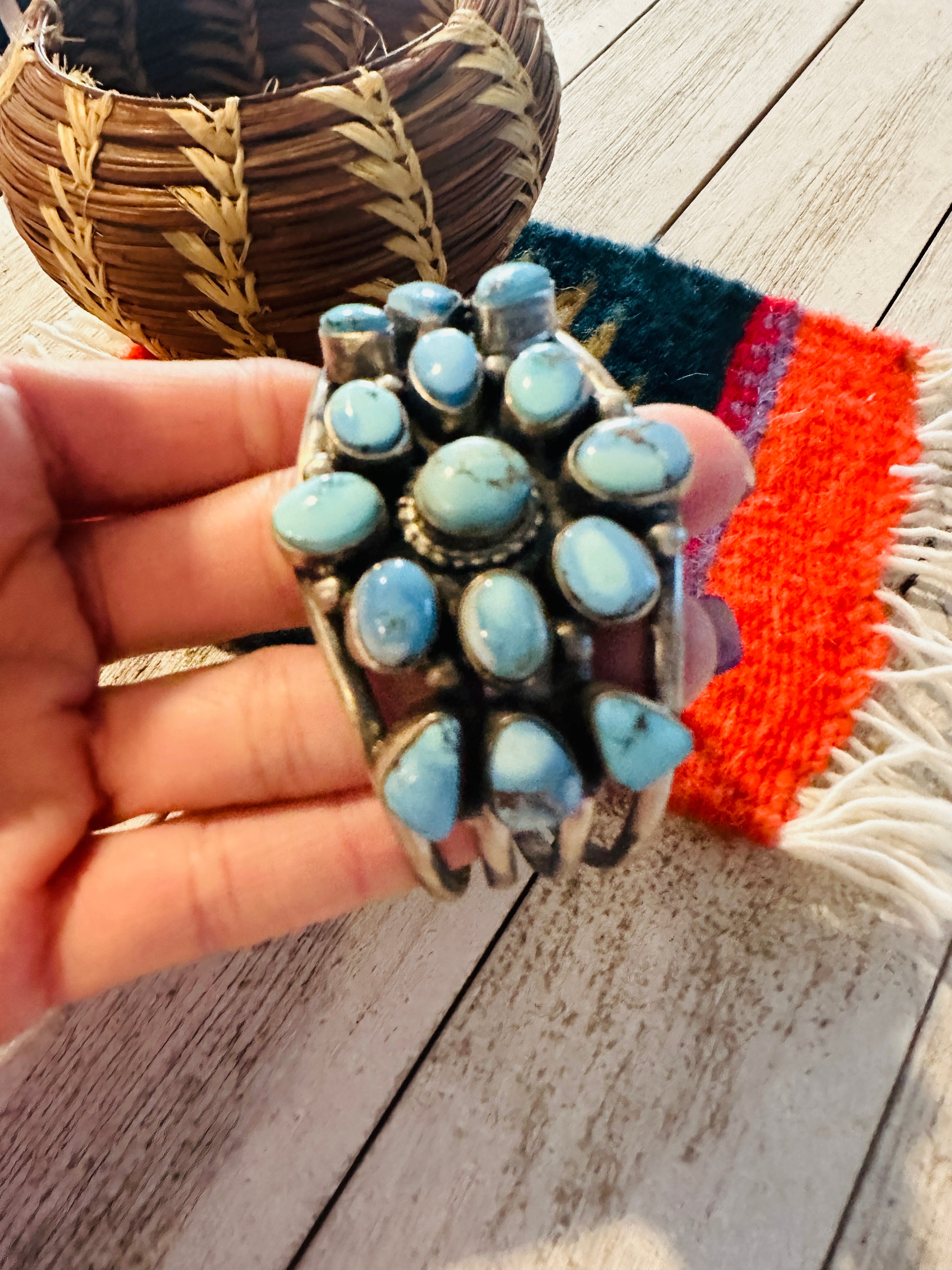 Navajo Golden Hills Turquoise & Sterling Silver Cluster Cuff Bracelet