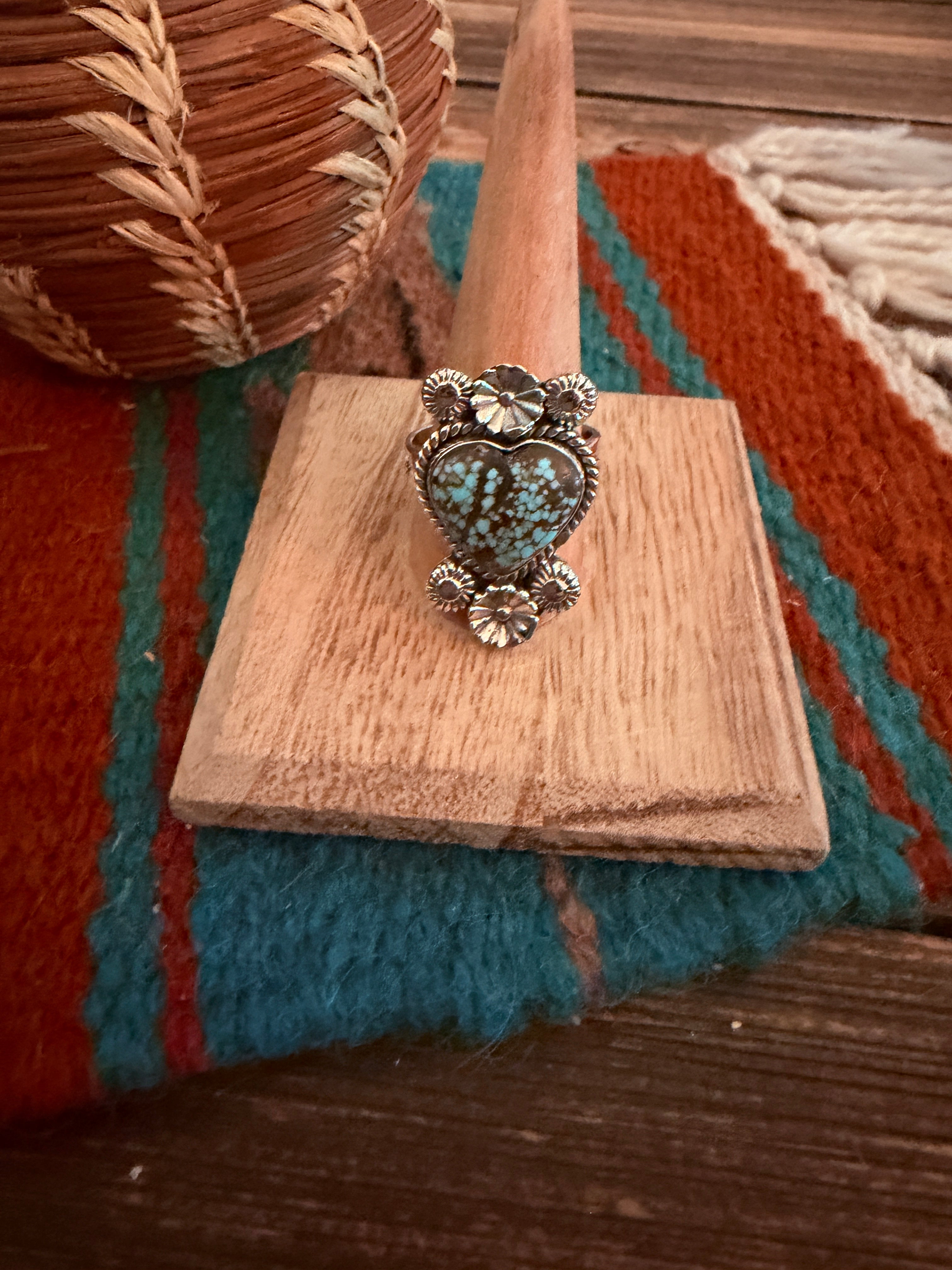 Handmade Sterling Silver Number 8 Turquoise Adjustable Heart Ring Signed Nizhoni