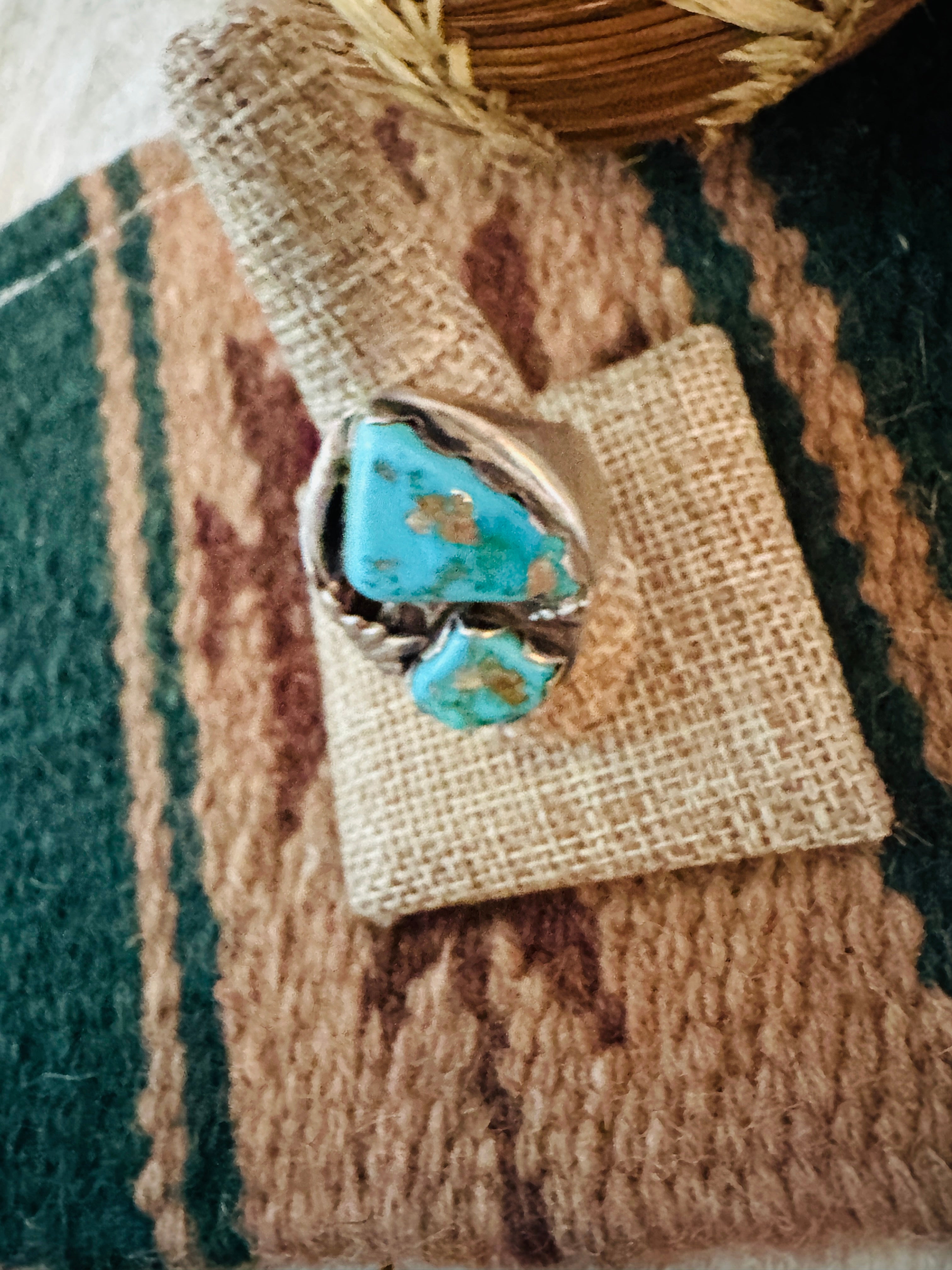 Handcrafted Old Pawn Turquoise and Sterling Silver Ring Size 10.5