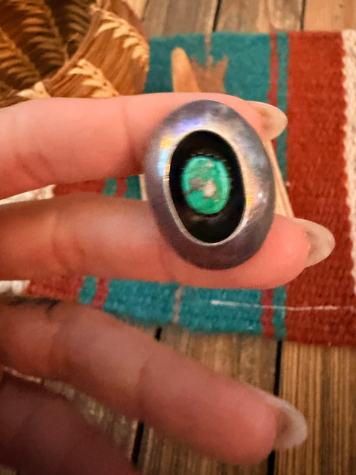 Old Pawn Handcrafted Turquoise & Sterling Silver Shawbox Ring Size 4.5