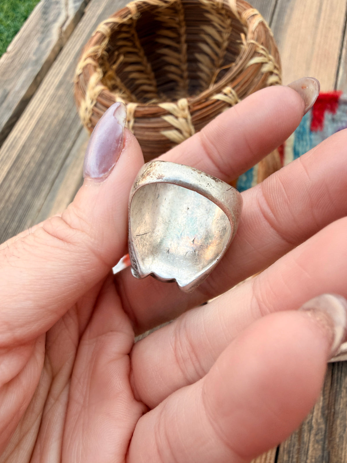 Old Pawn Handcrafted Turquoise & Sterling Silver Ring Size 8