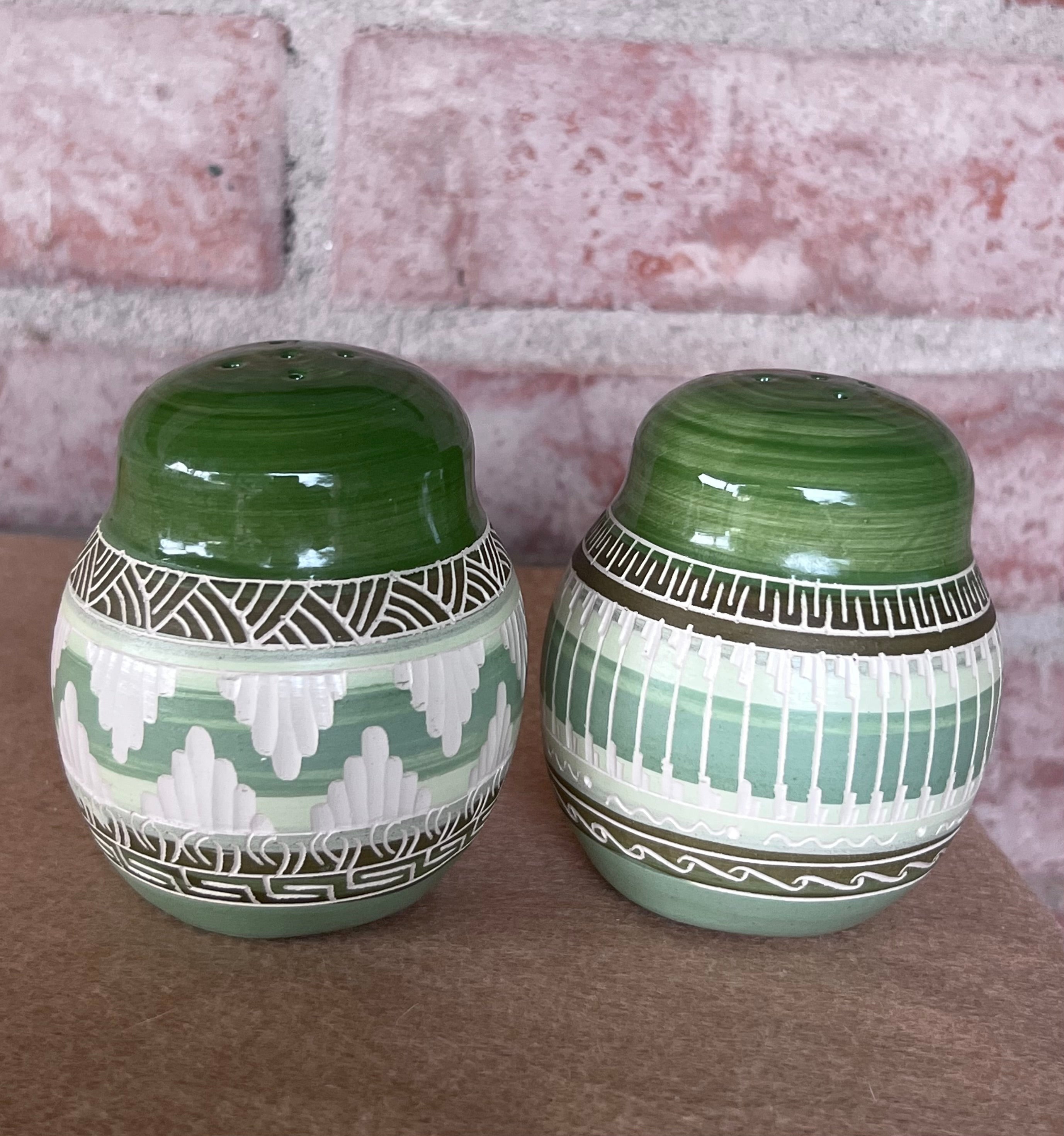 Handcrafted Green Salt & Pepper Shakers “Cassandra King”
