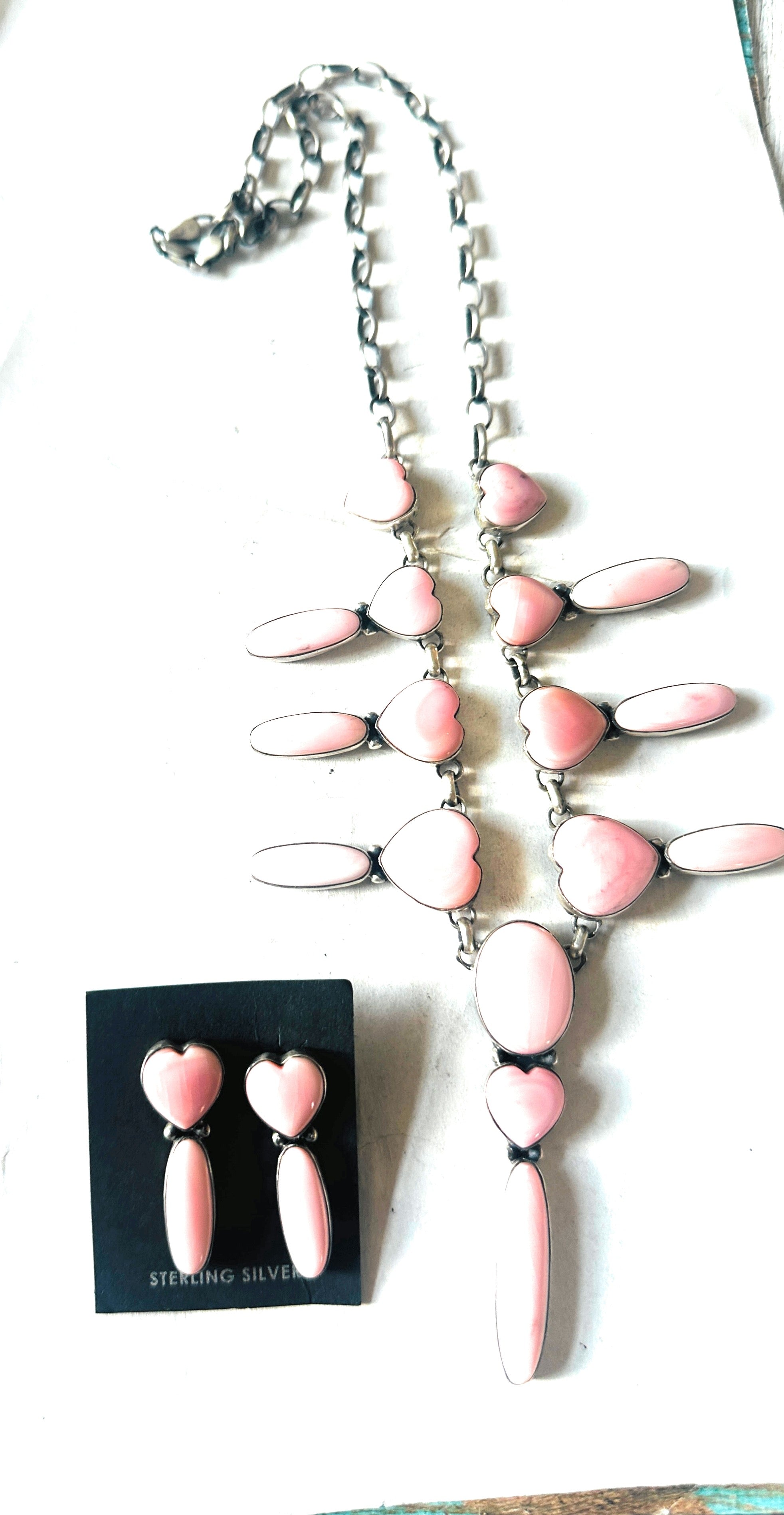 Navajo Queen Pink Conch & Sterling Silver Heart Necklace Set