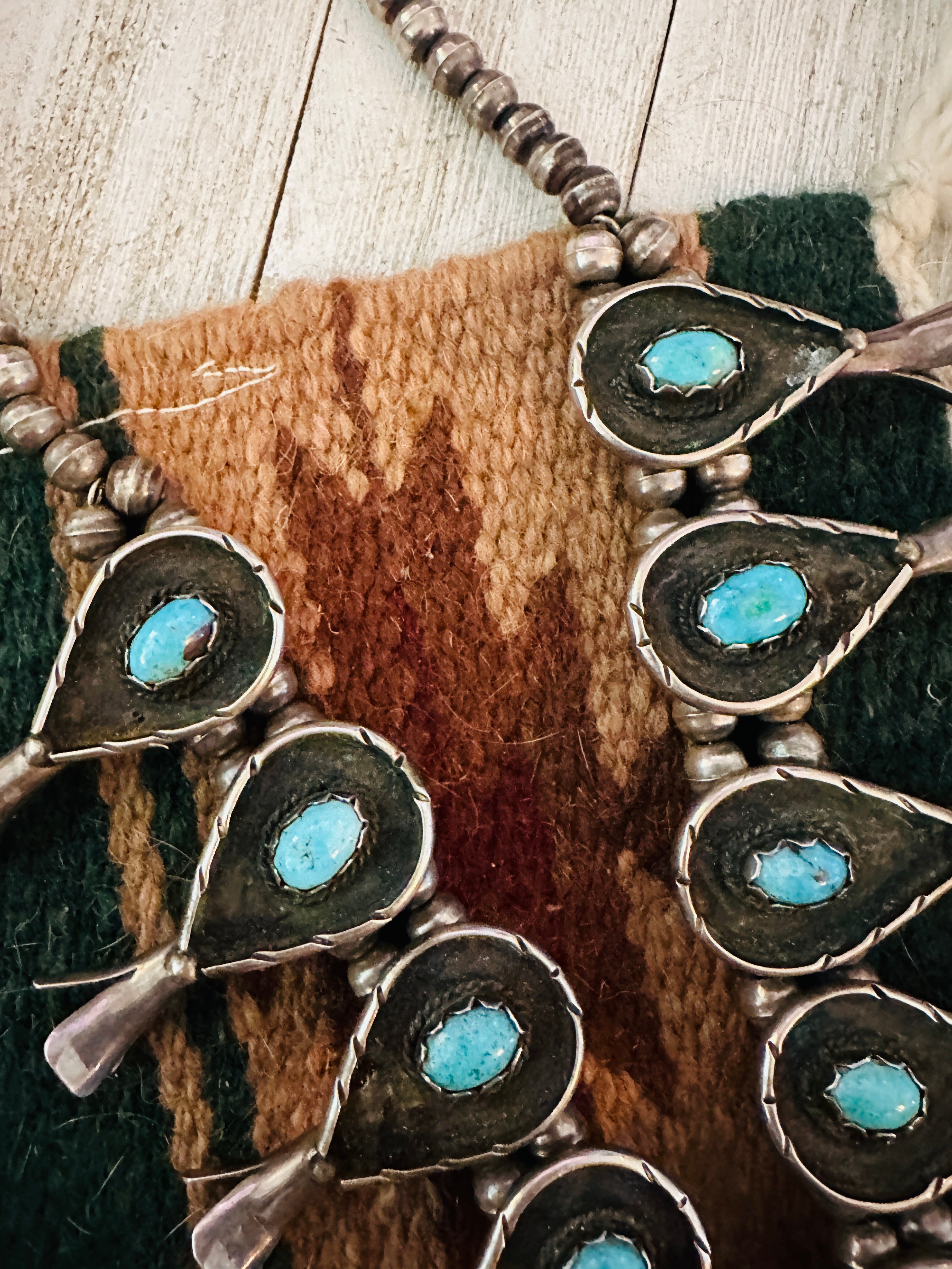 Vintage Old Pawn Navajo Turquoise & Sterling Silver Beaded Squash Blossom Necklace