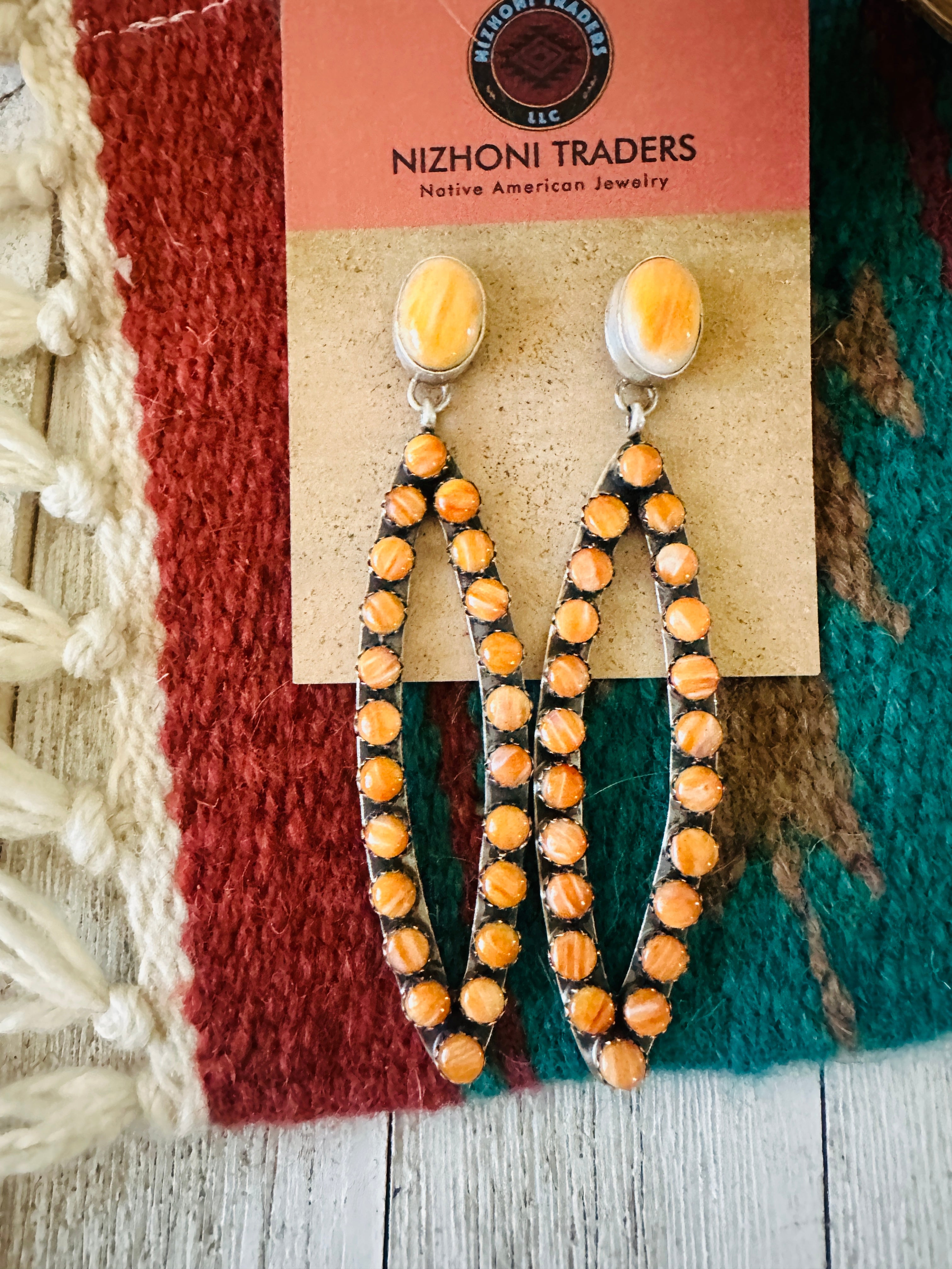 Navajo Sterling Silver & Orange Spiny Dangle Earrings