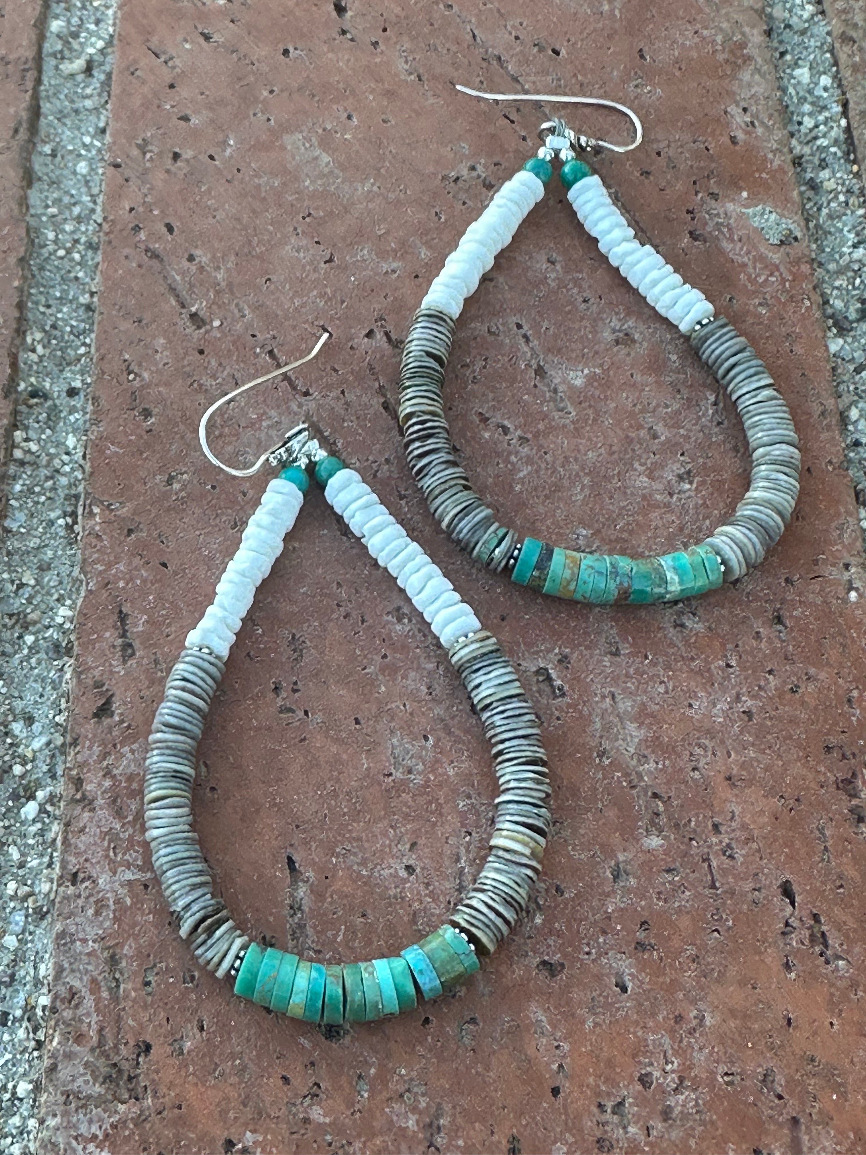 Handmade Turquoise & Heishi Beaded Hoop Earrings 4”
