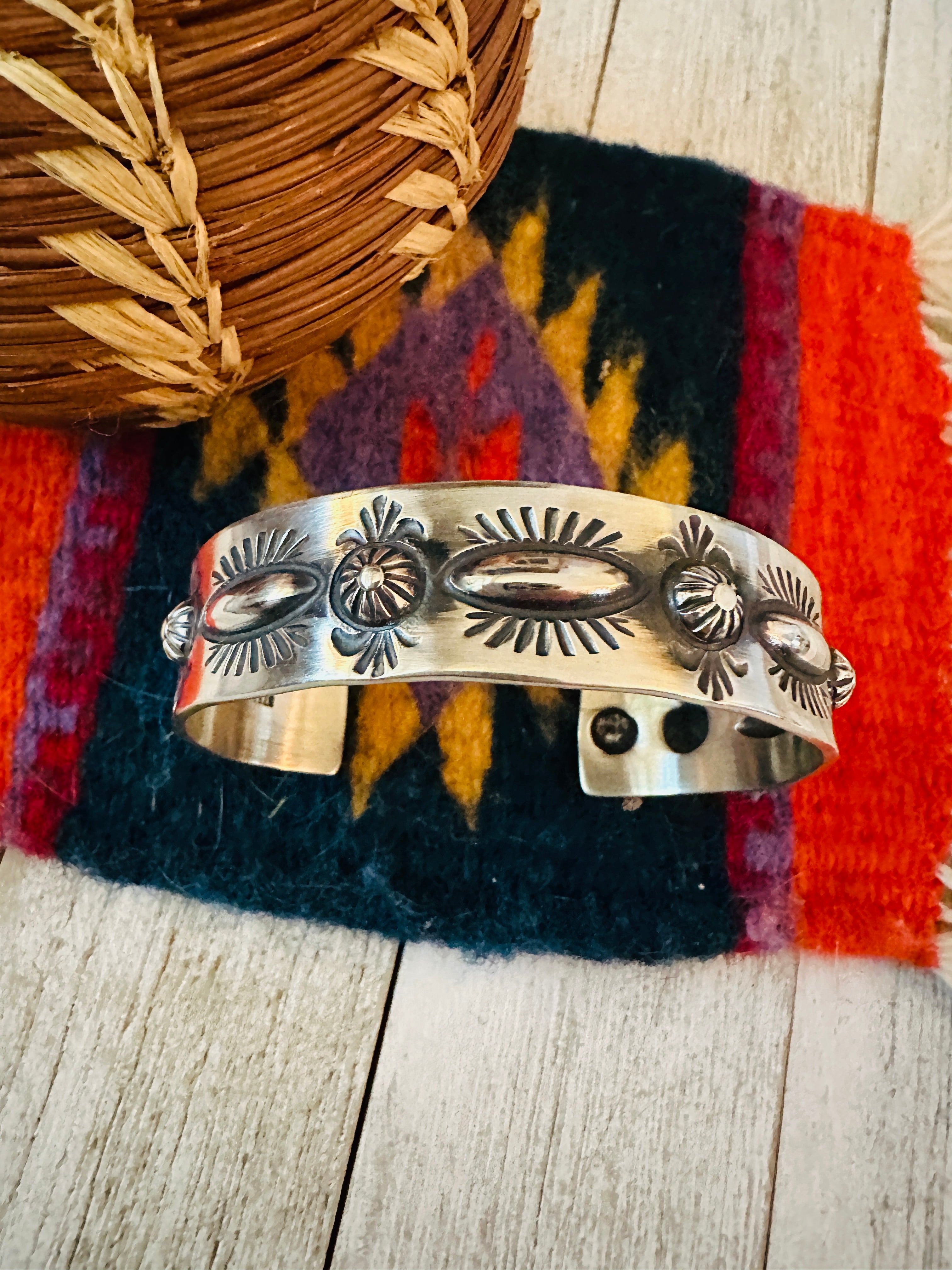 Navajo Hand Stamped Sterling Silver Cuff Bracelet By Elvira Bill