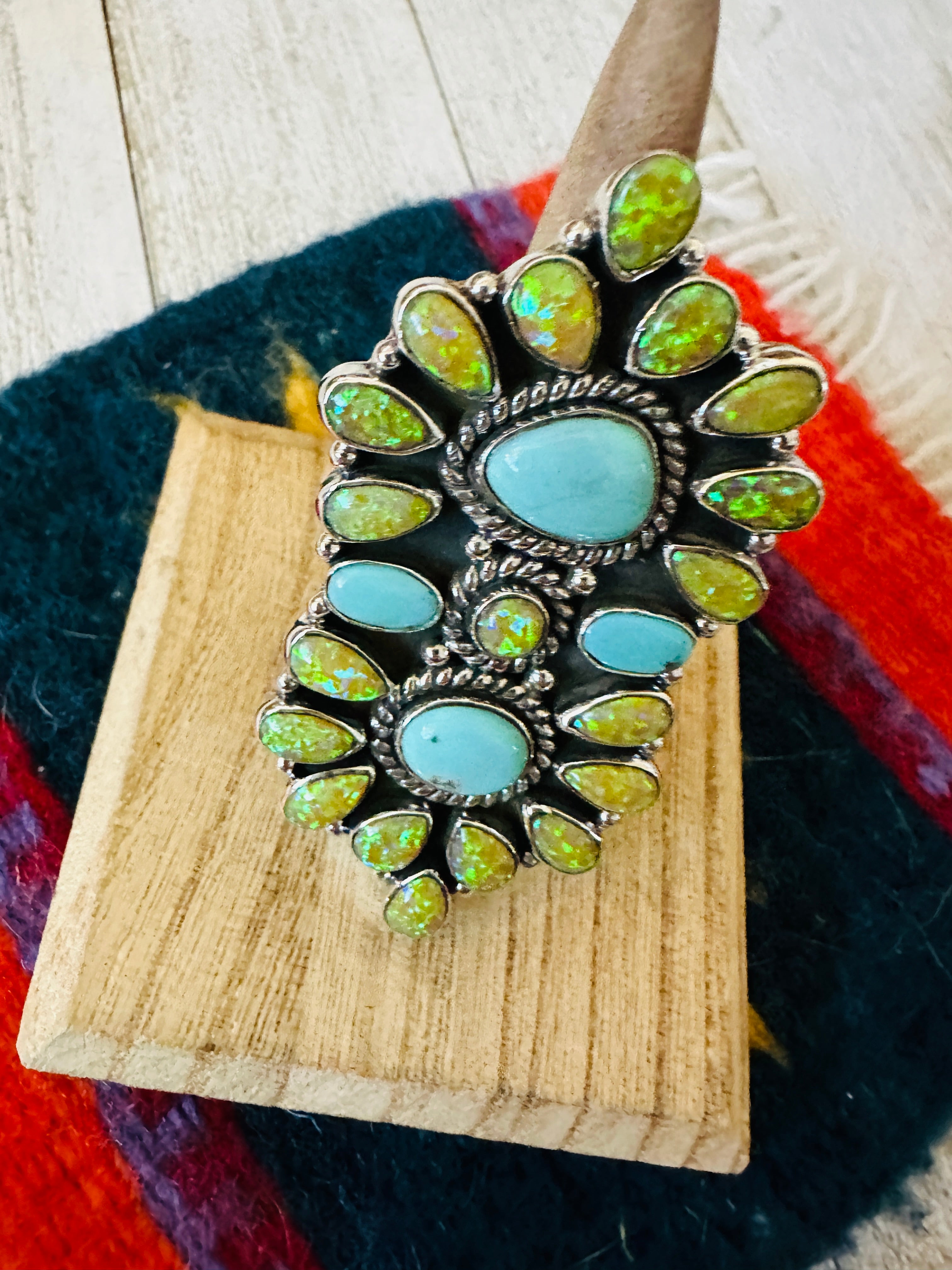 Handmade Sterling Silver, Opal & Turquoise Cluster Adjustable Ring by Nizhoni