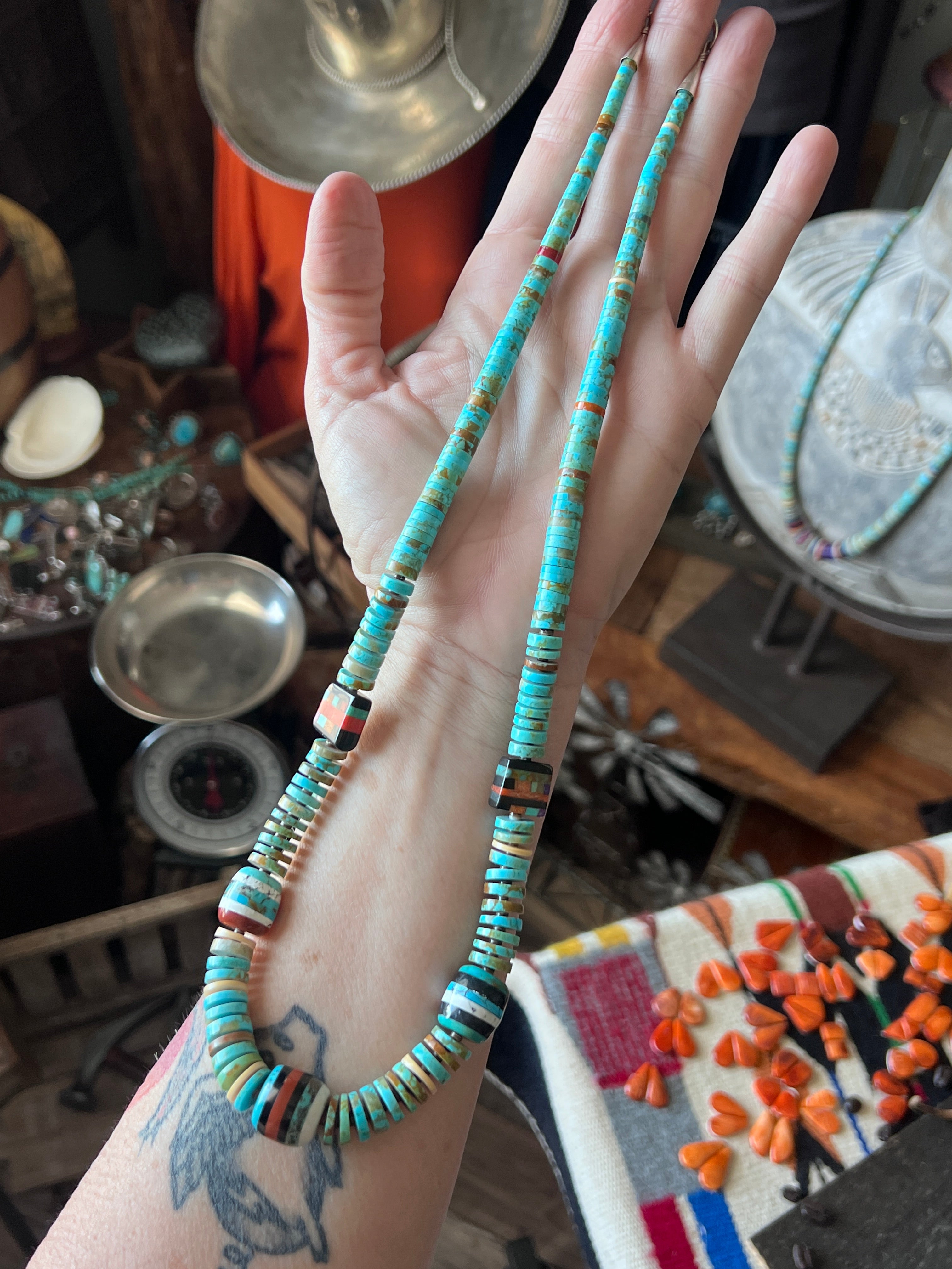 Ronald Chavez Handcrafted Turquoise Heishi Beaded Santo Domingo Necklace with Layered Bead Accents