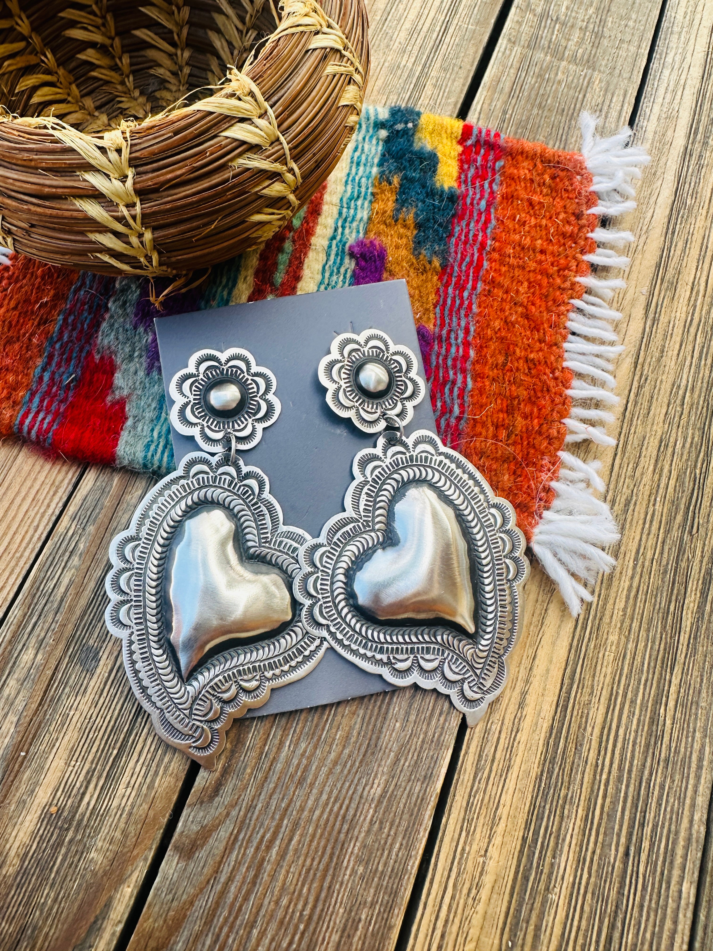 Handcrafted Sterling Silver Concho Heart Dangle Earrings by Leander Tahe
