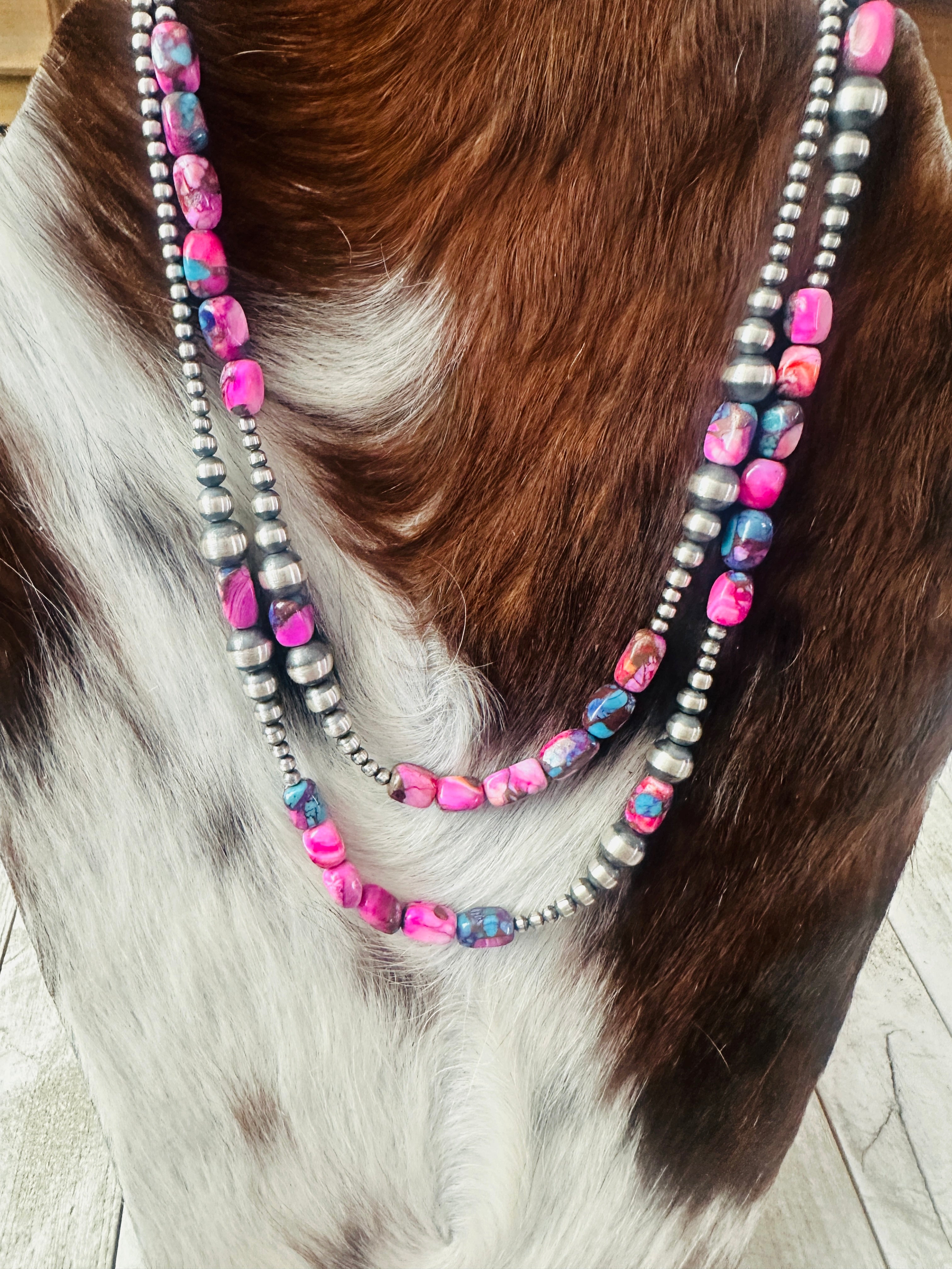 Handcrafted Sterling Silver & Pink Dream Mojave Beaded 36” Necklace