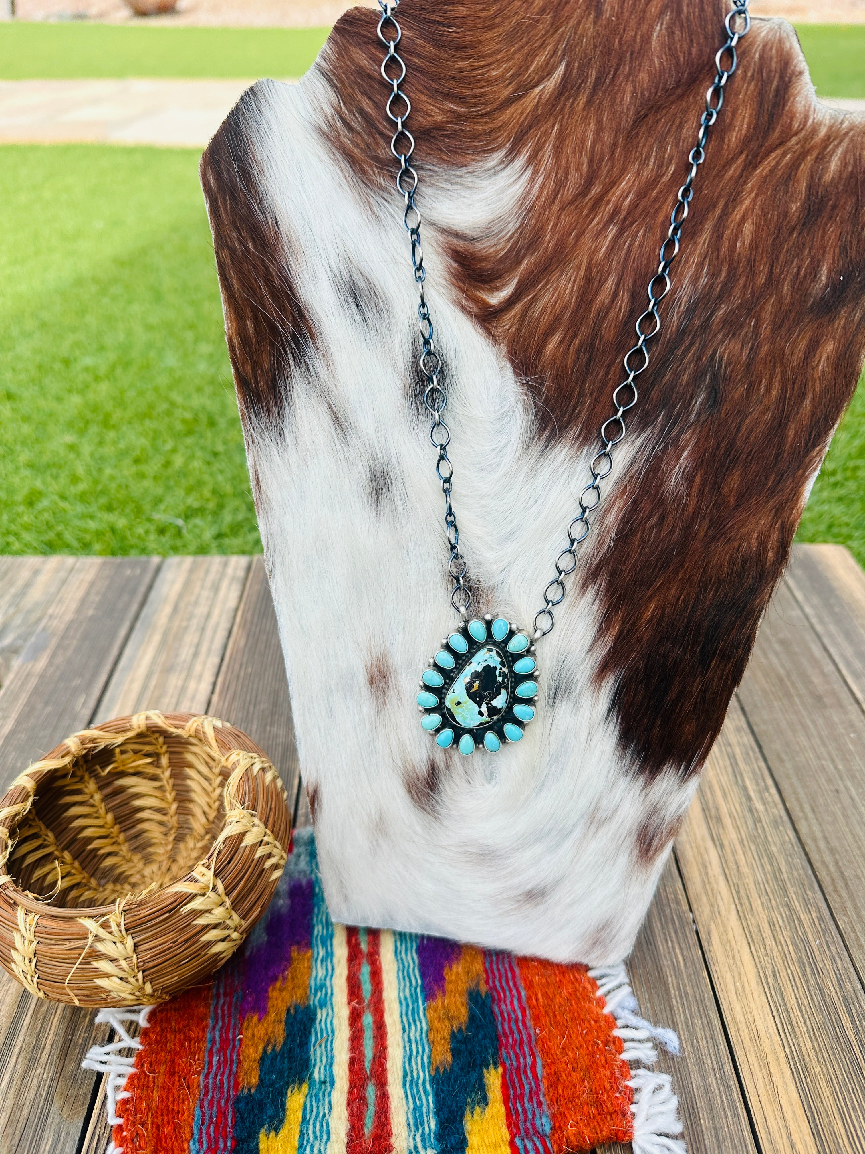 Handcrafted Turquoise & Sterling Silver Cluster Necklace by Travis Jim