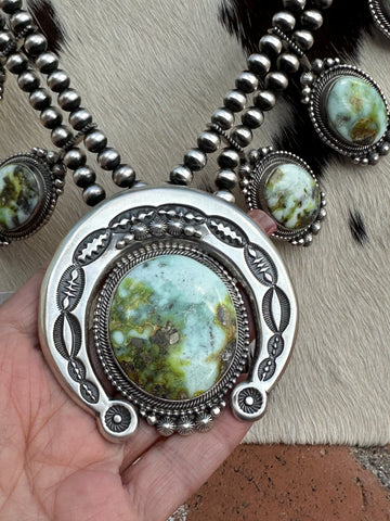 Handcrafted Sterling Silver & Palomino Turquoise Squash Blossom Necklace and Earring Set