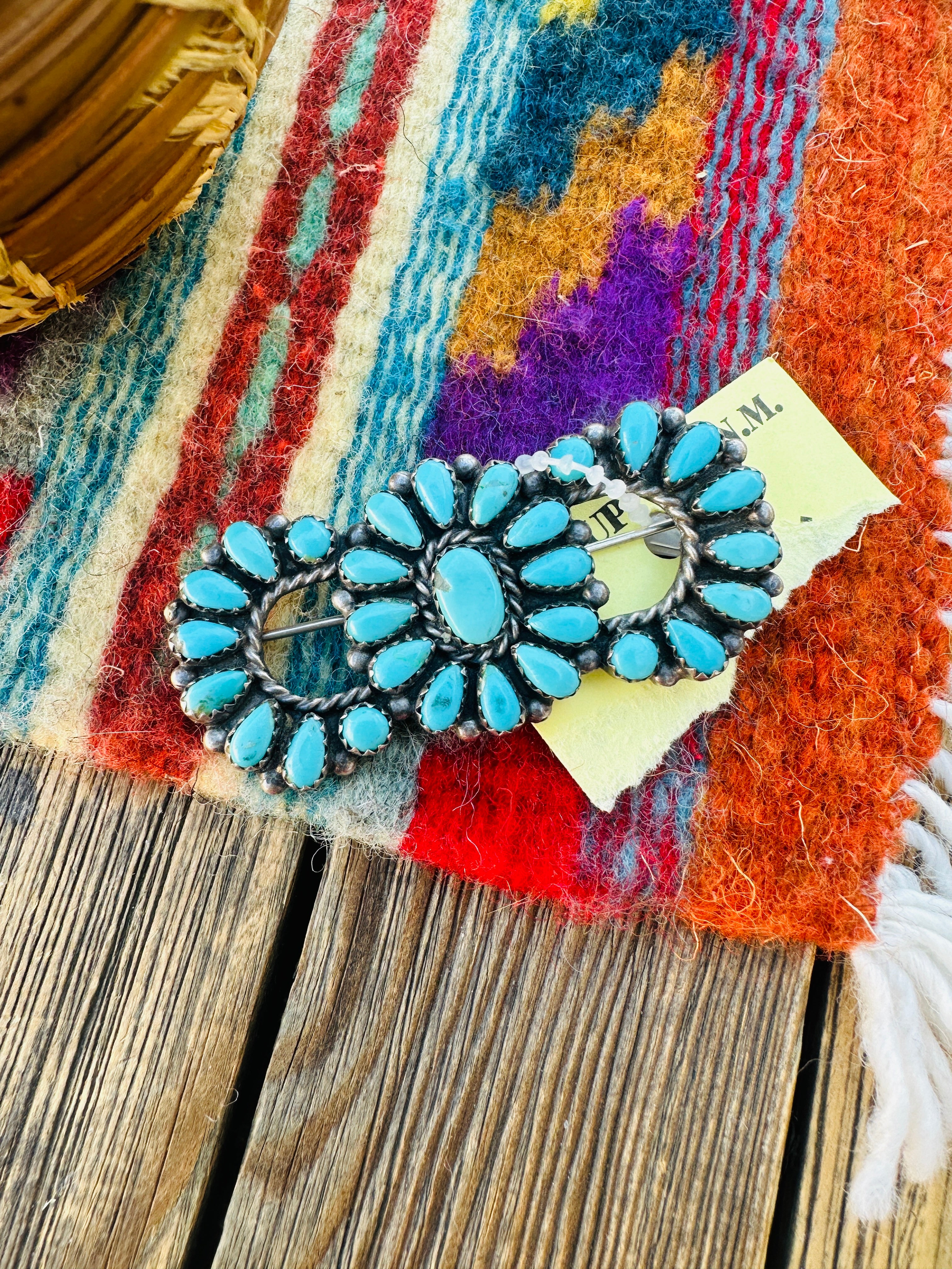 Old Pawn Handcrafted Turquoise and Sterling Silver Cluster Brooch