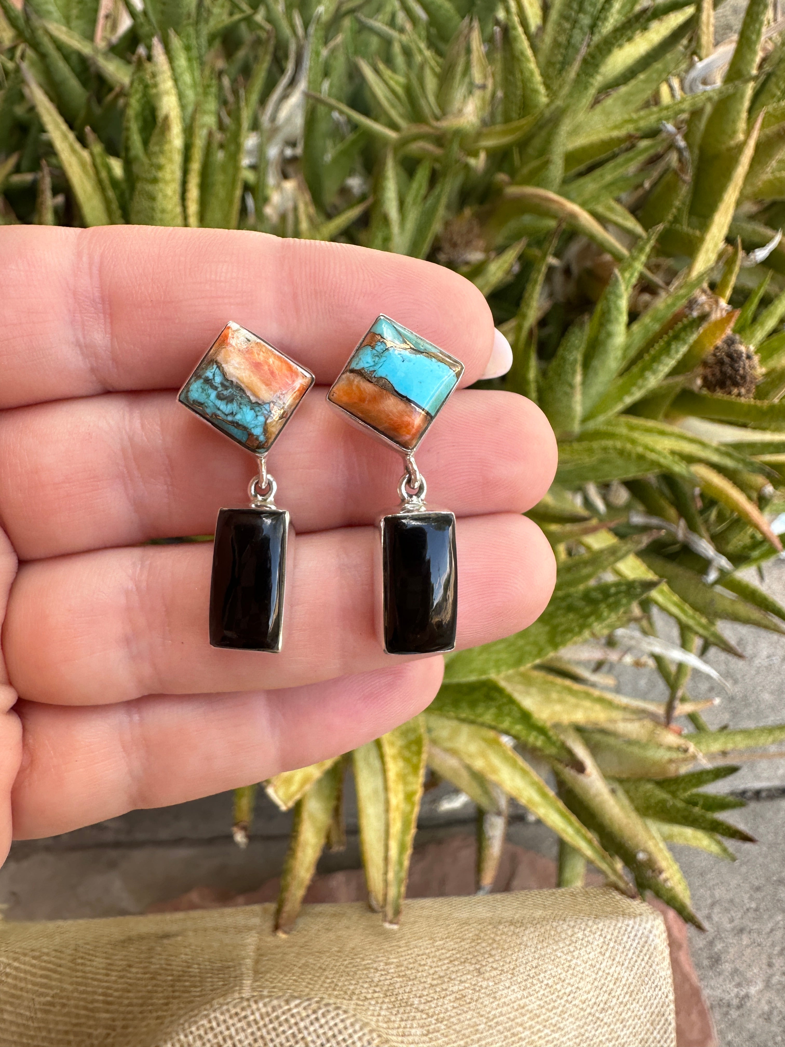 Handmade Onyx, Spice and Sterling Silver Post Dangle Earrings Signed Nizhoni