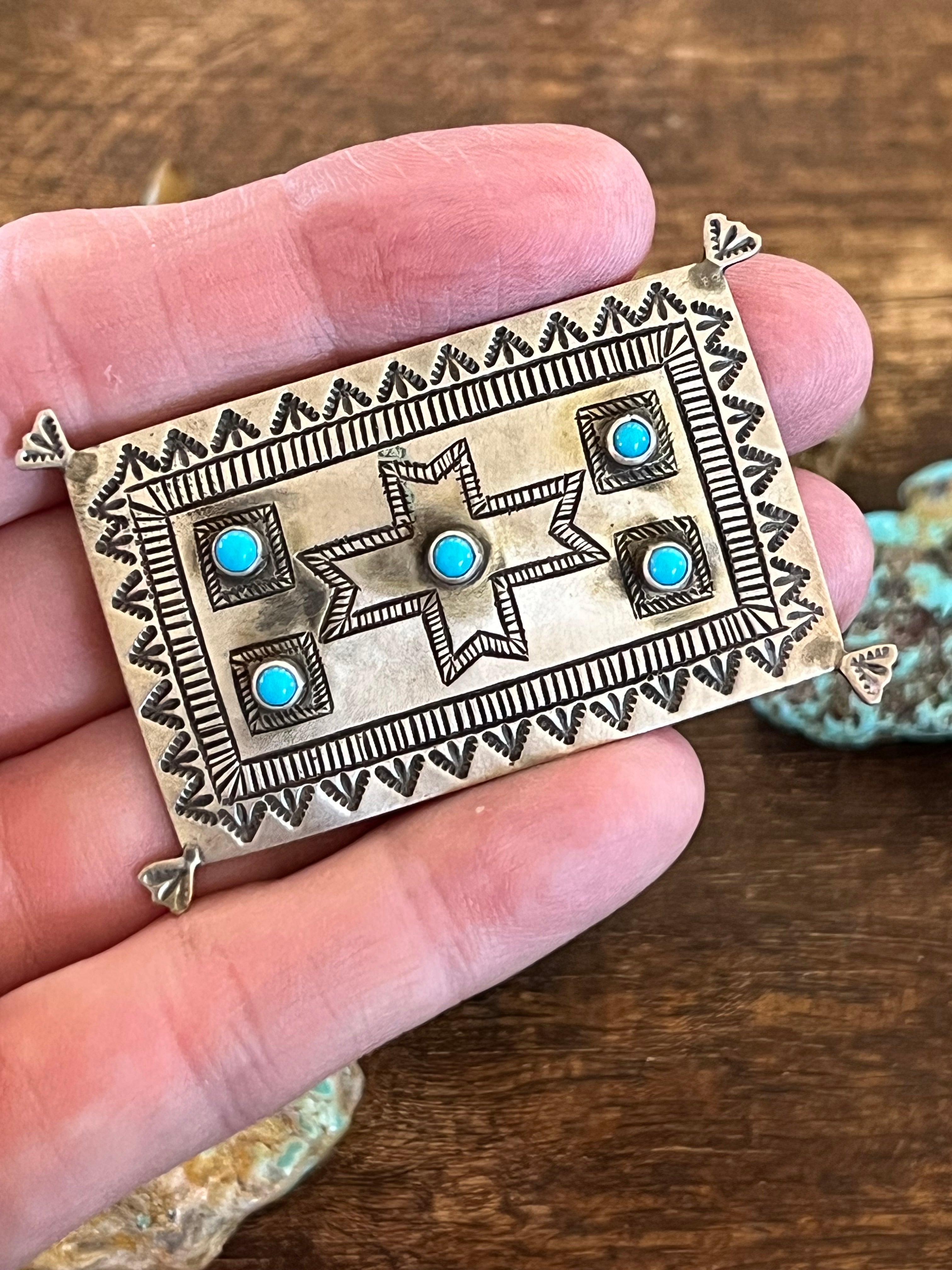 Handcrafted Sterling Silver and Turquoise Rug Brooch by Lee Charley