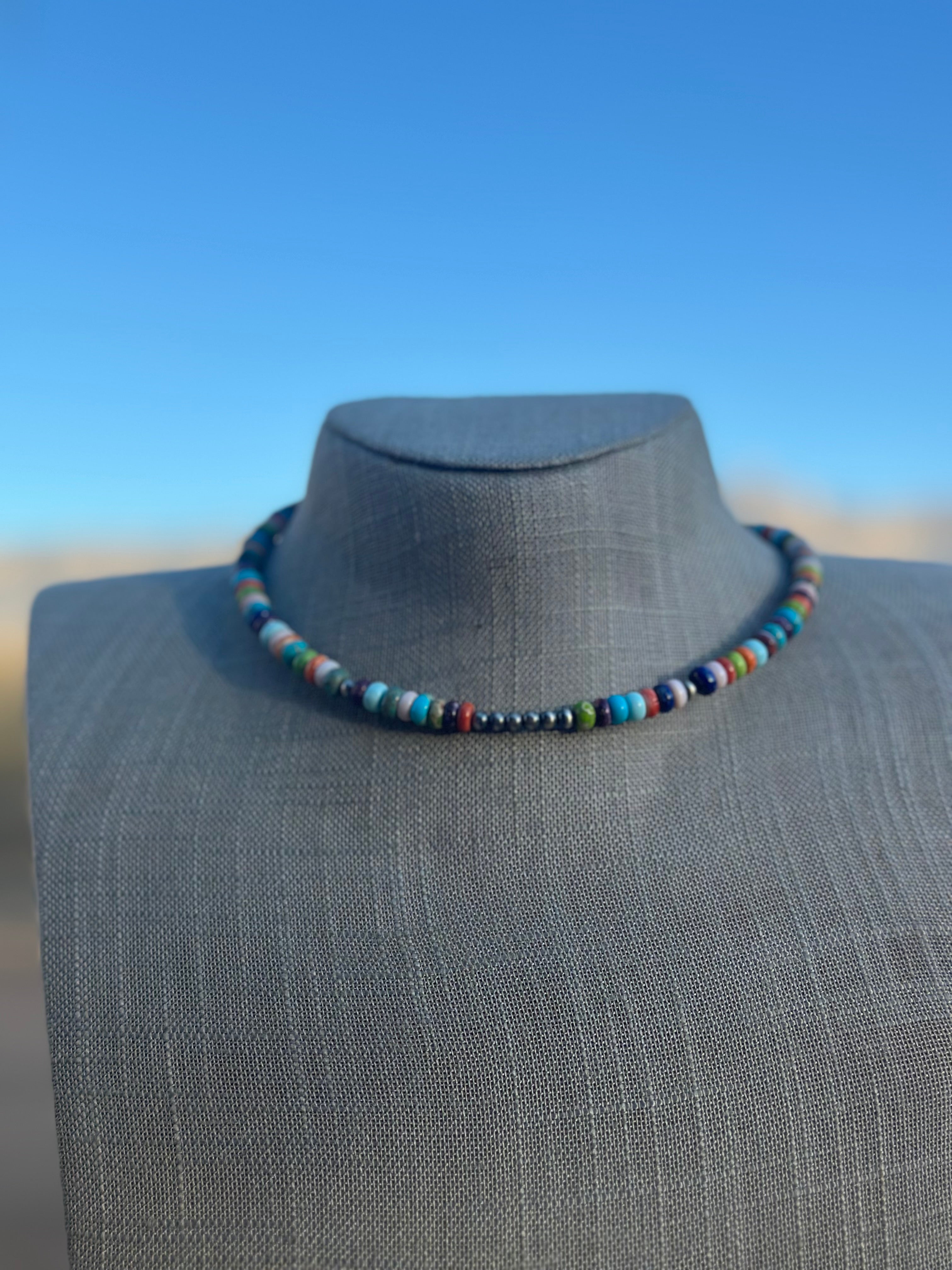 Navajo Handmade Multi Stone & Sterling Silver Beaded Wrap Choker Necklace