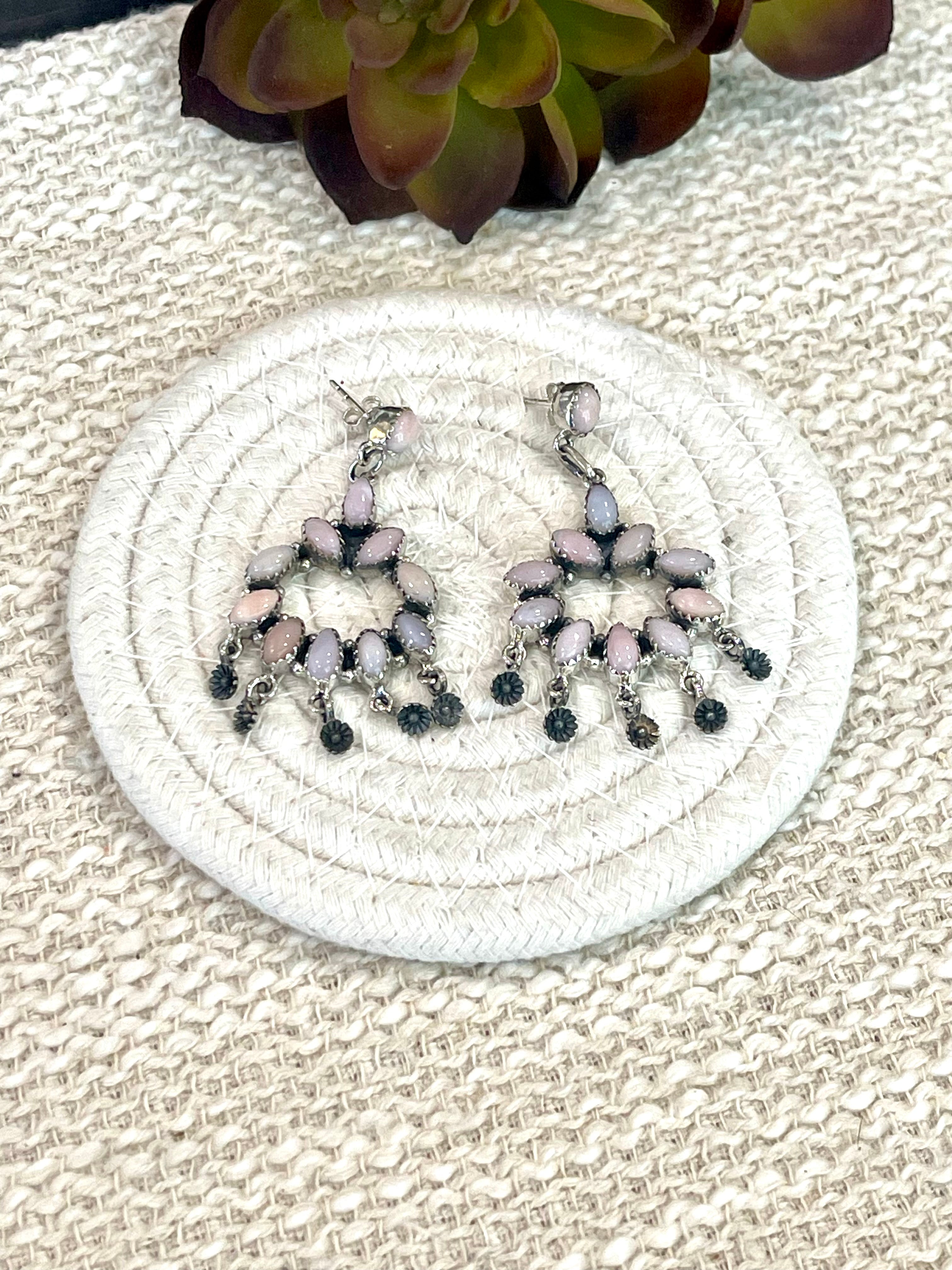 Handmade Pink Opal and Sterling Silver Cluster Dangle Earrings