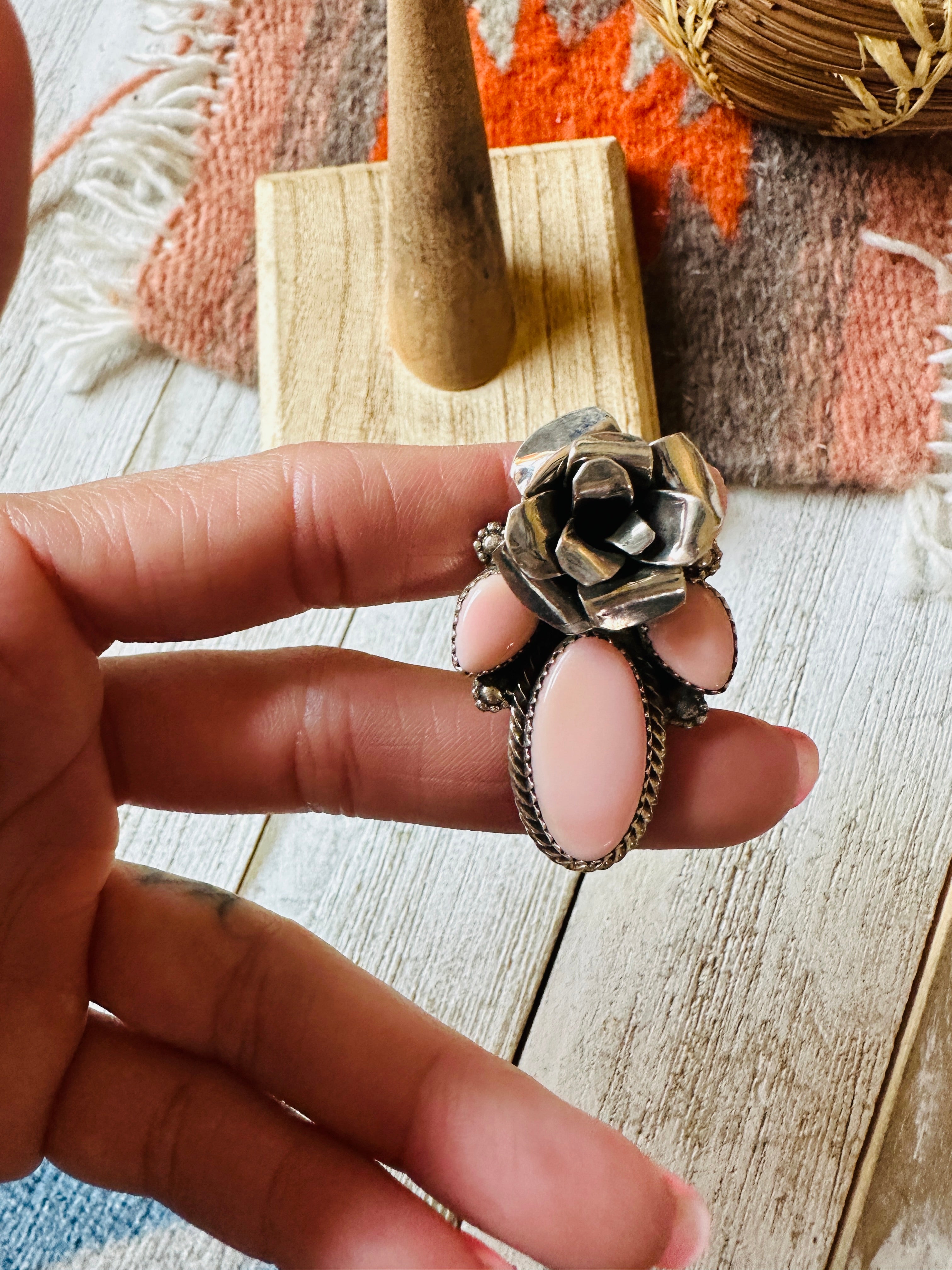 Handcrafted Sterling Silver & Queen Pink Conch Rose Adjustable Ring