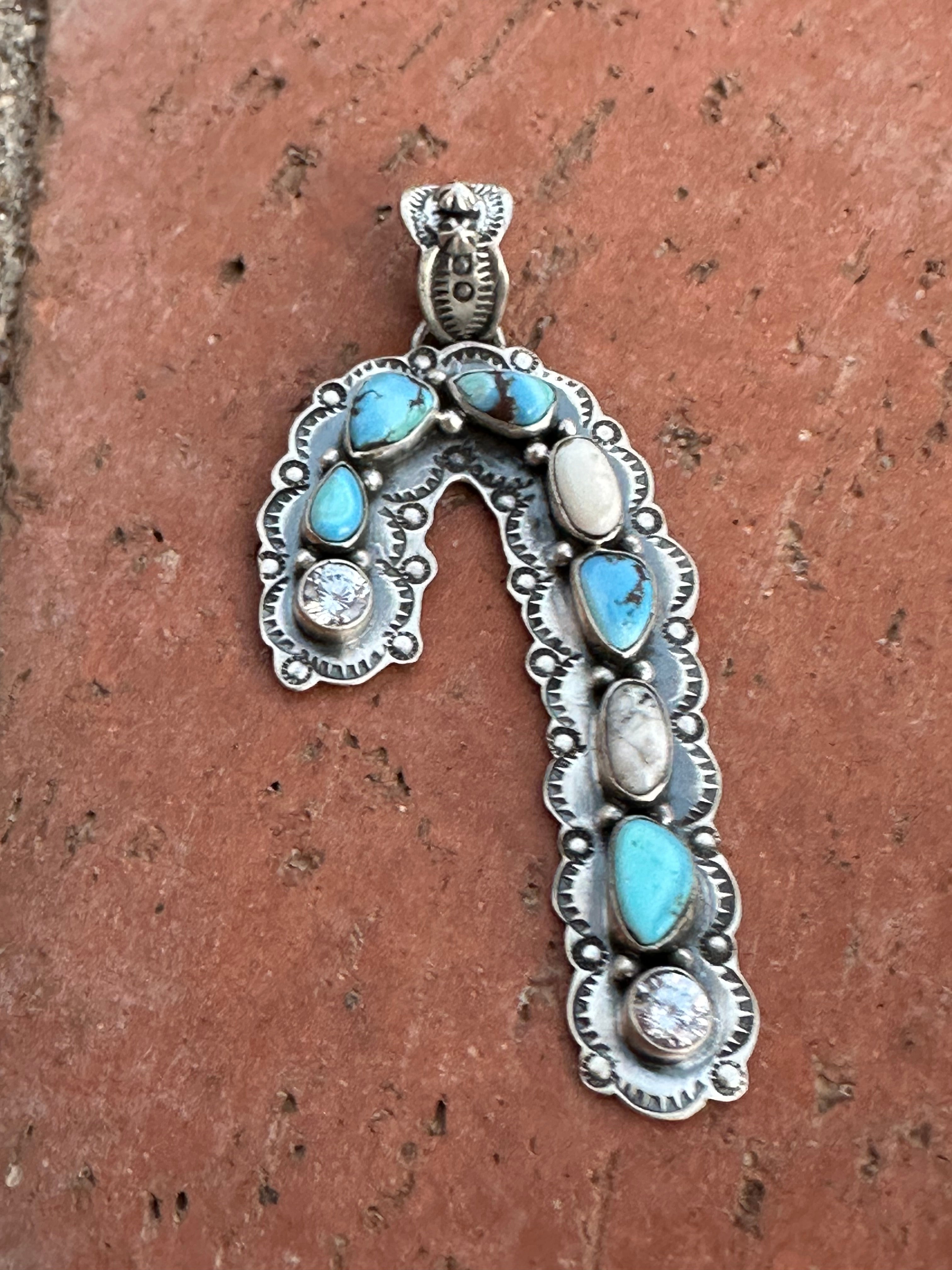 Handmade Sterling Silver White Buffalo & Golden Hills Turquoise Christmas Candy Cane Pendant