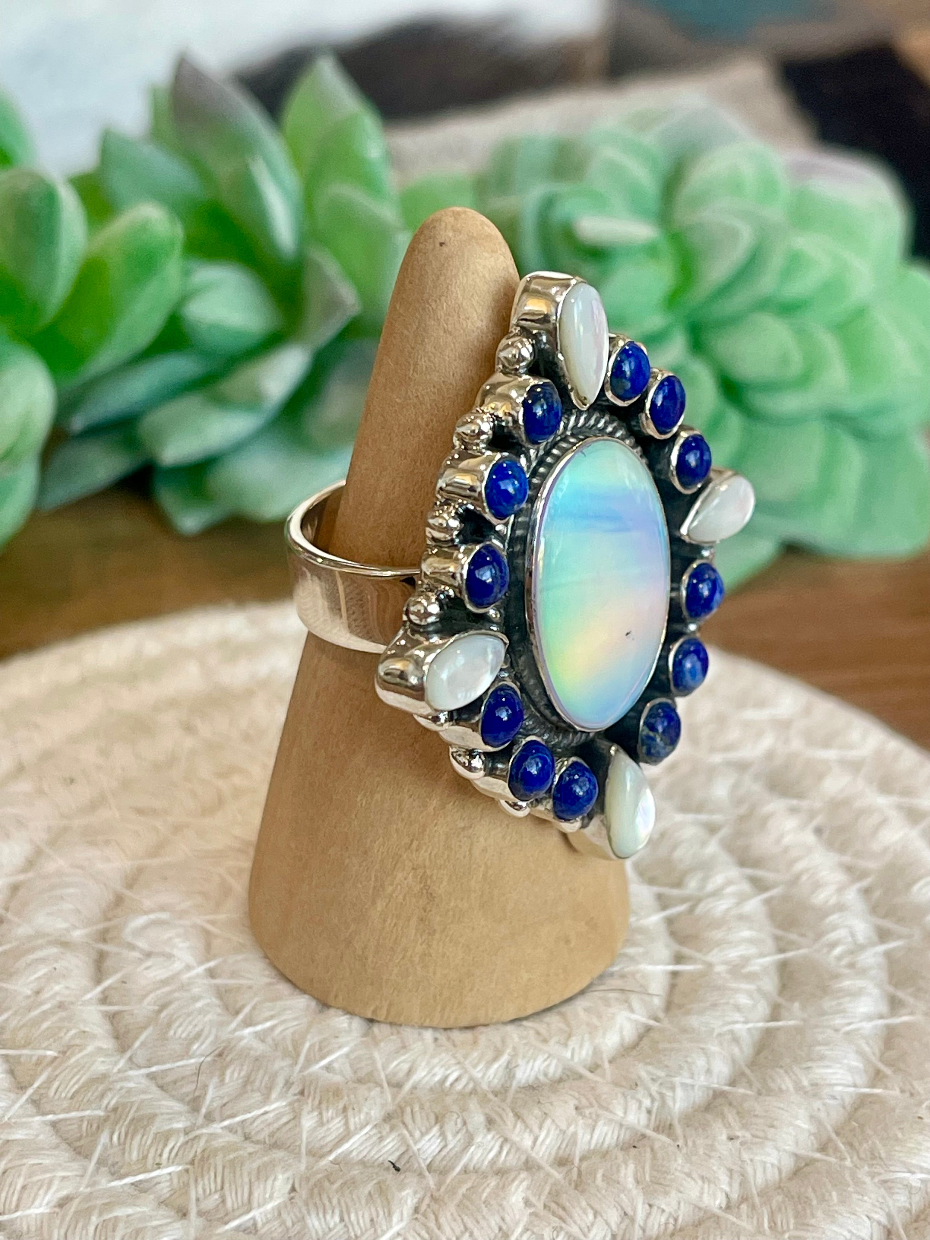 Handmade Opal, Mother Of Pearl, Lapis And Sterling Silver Adjustable Ring Signed Nizhoni