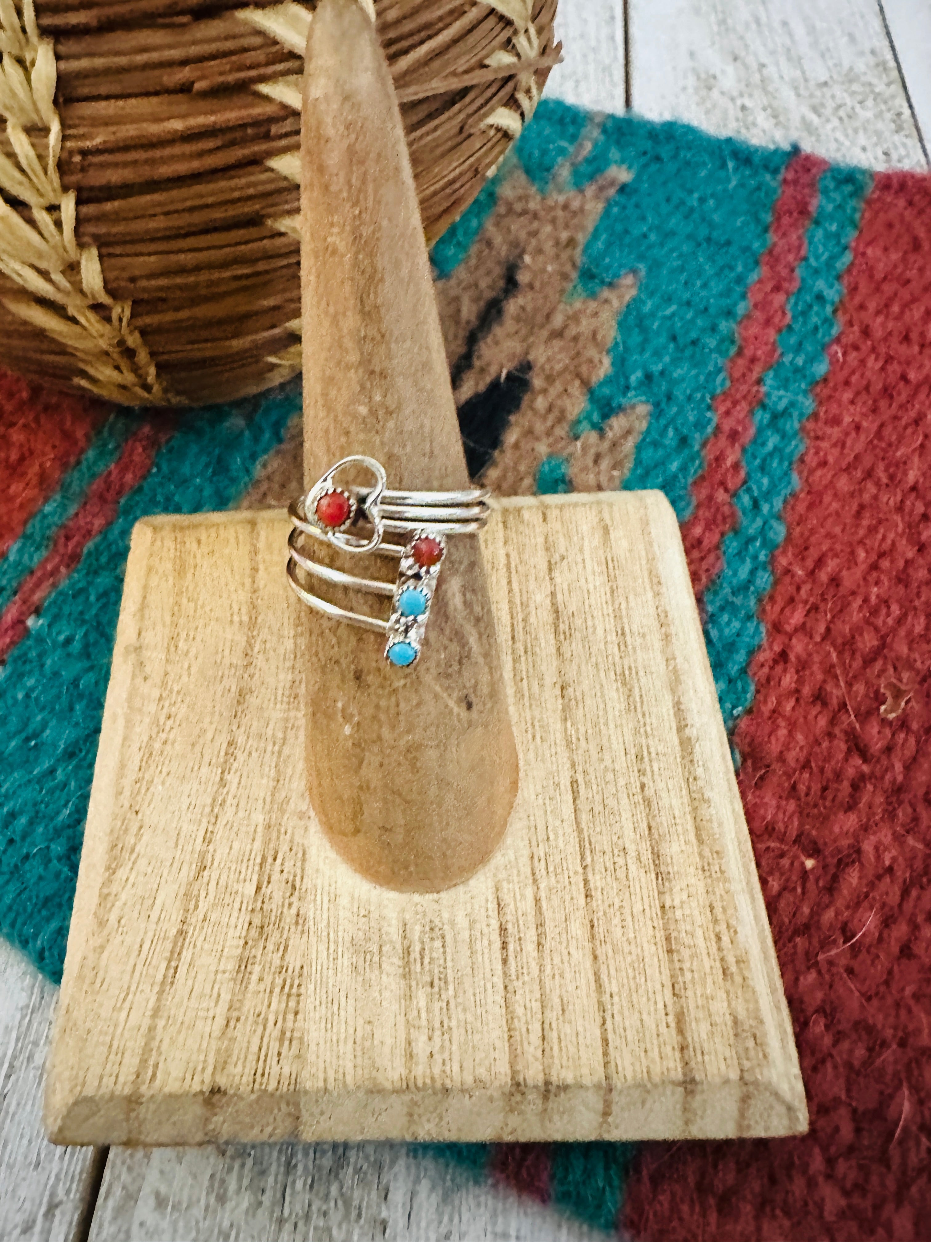 Zuni Turquoise, Coral & Sterling Silver Heart Adjustable Ring