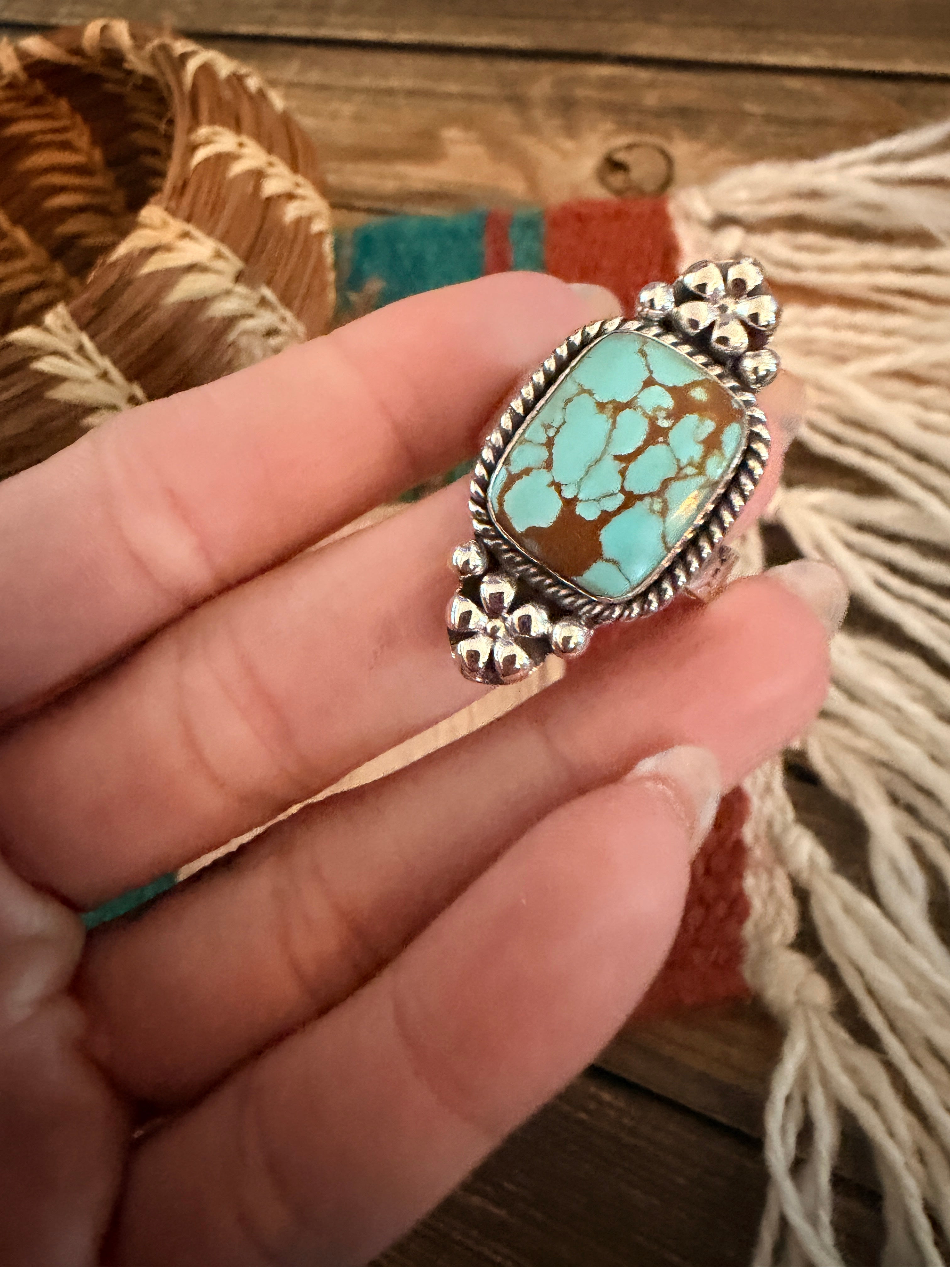 Handmade Sterling Silver Number 8 Turquoise Adjustable Ring Signed Nizhoni