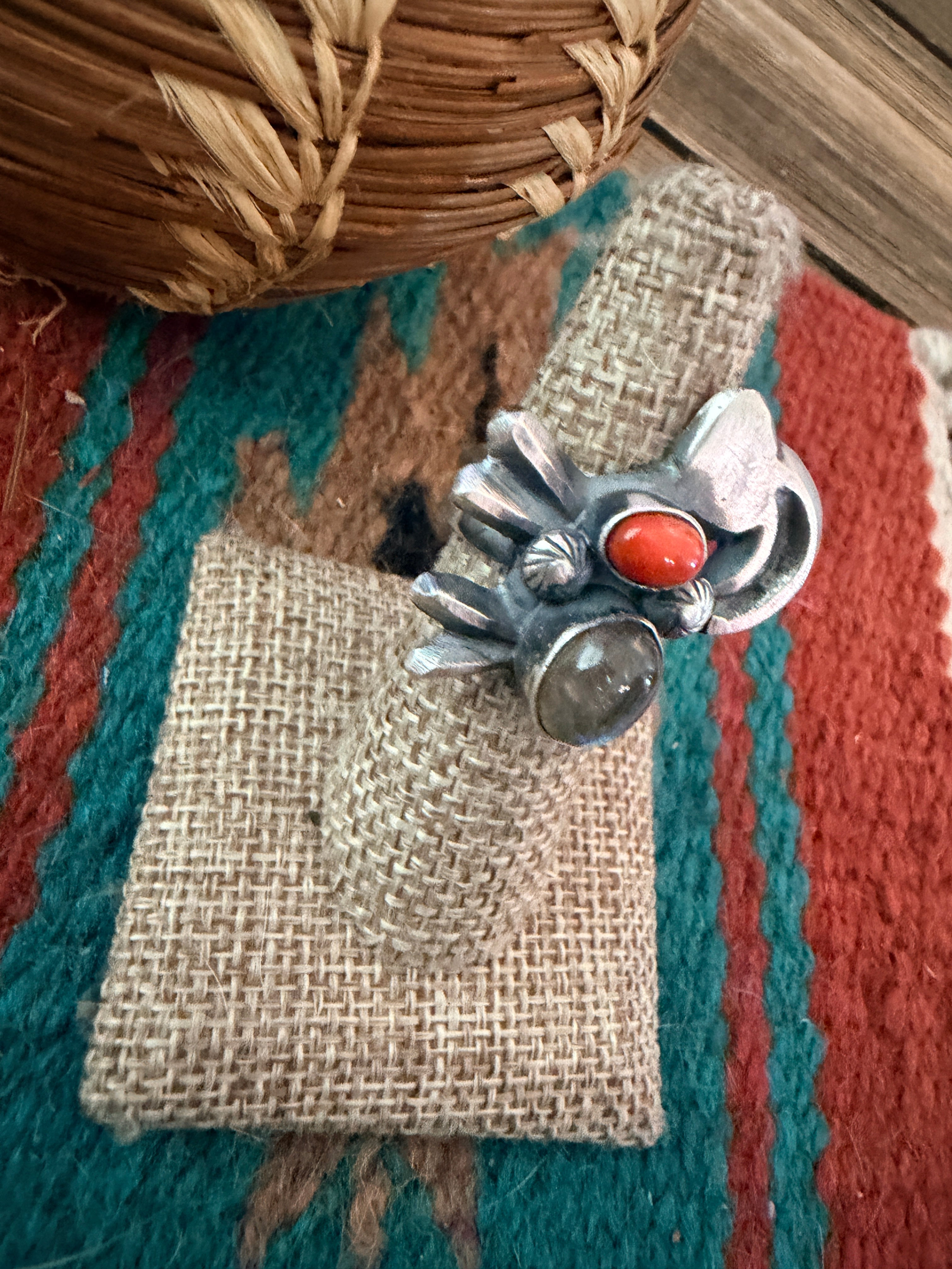 Handcrafted Coral, Moonstone and Sterling Silver Goat Ring size 6 by Chimney Butte