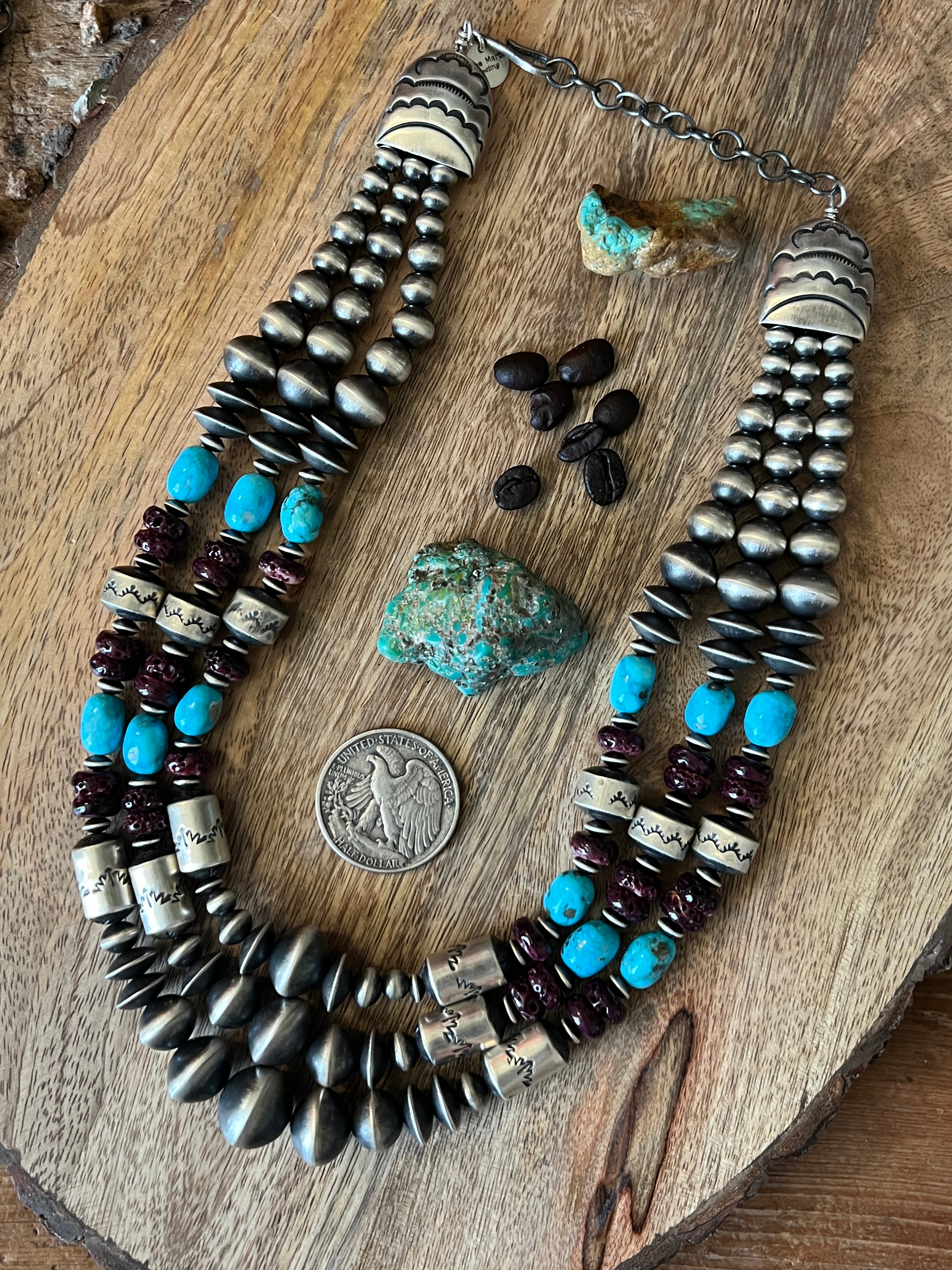 Rose Martin Handcrafted Triple Strand Sterling Silver, Spiny Oyster and Sonoran Mountain Bead Necklace