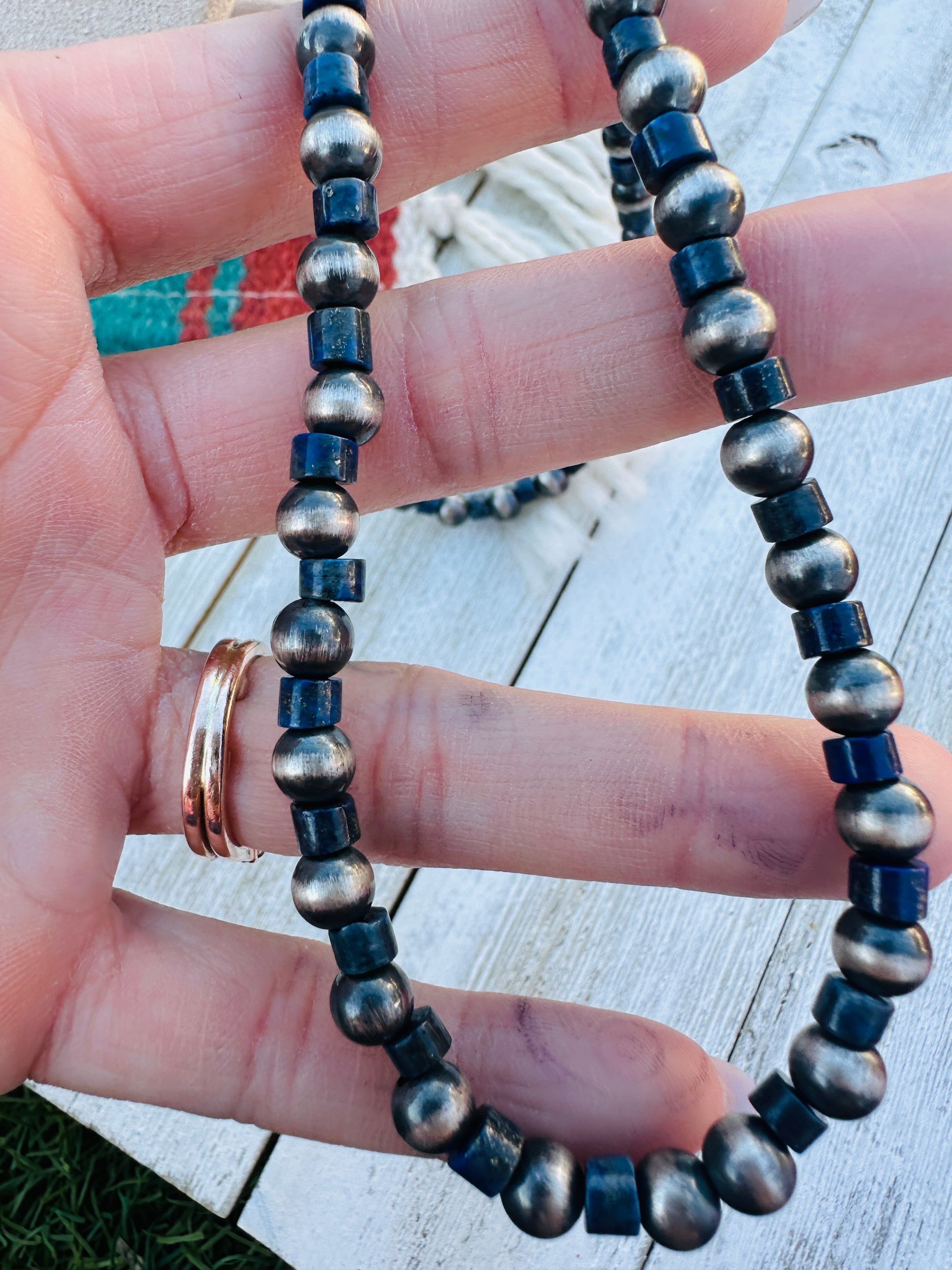 Handcrafted Sterling Silver Pearl & Lapis 18” Beaded Necklace