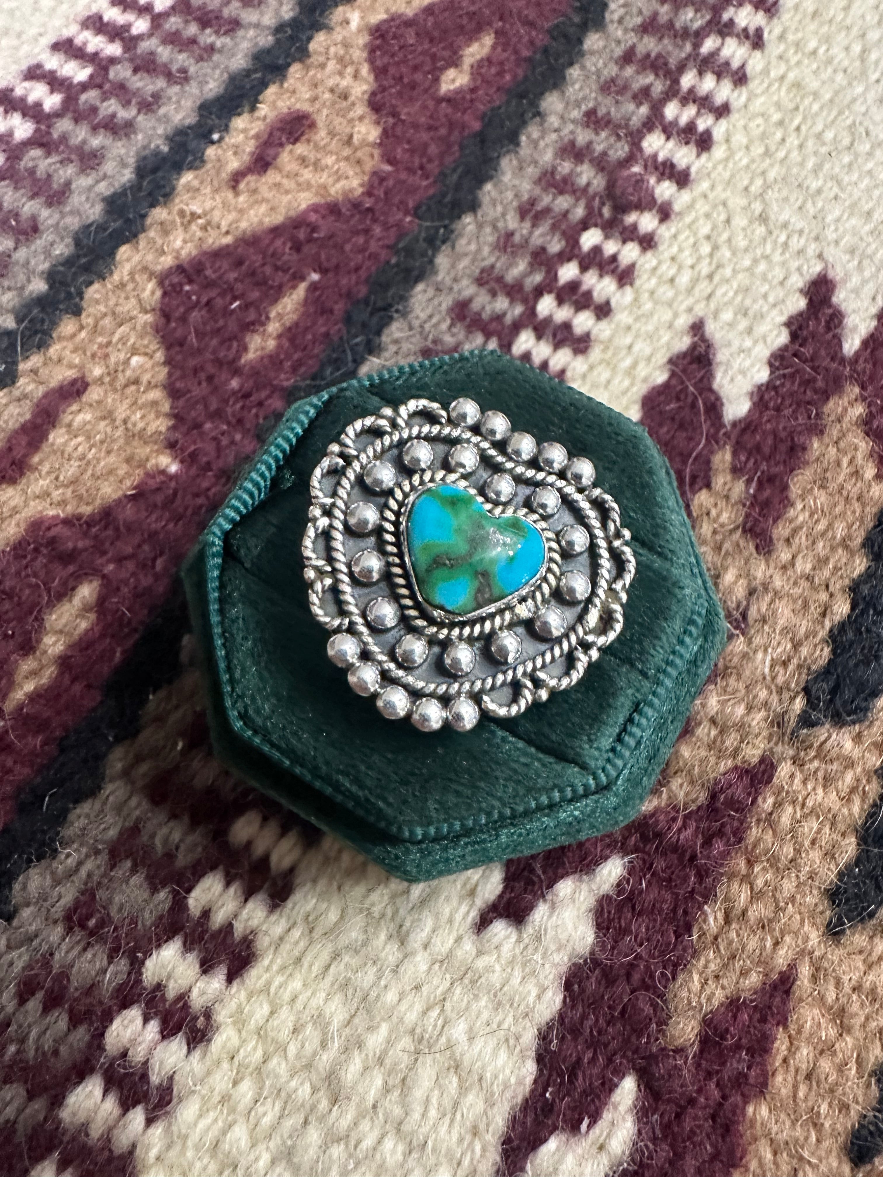 Beautiful Handmade Sonoran Mountain Turquoise And Sterling Silver Ball Adjustable Heart Ring