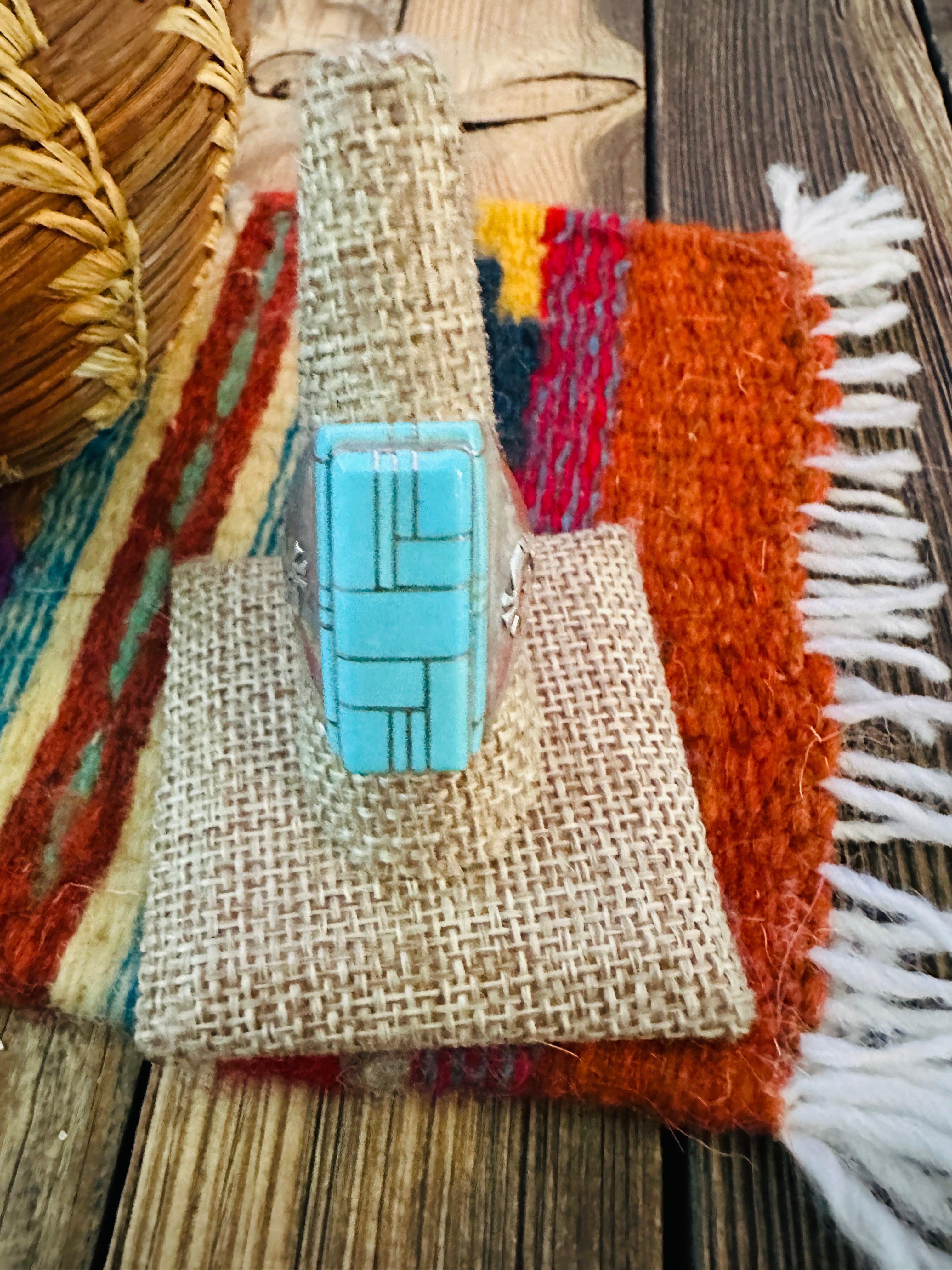 Old Pawn Handcrafted Turquoise & Sterling Silver Inlay Ring Size 10