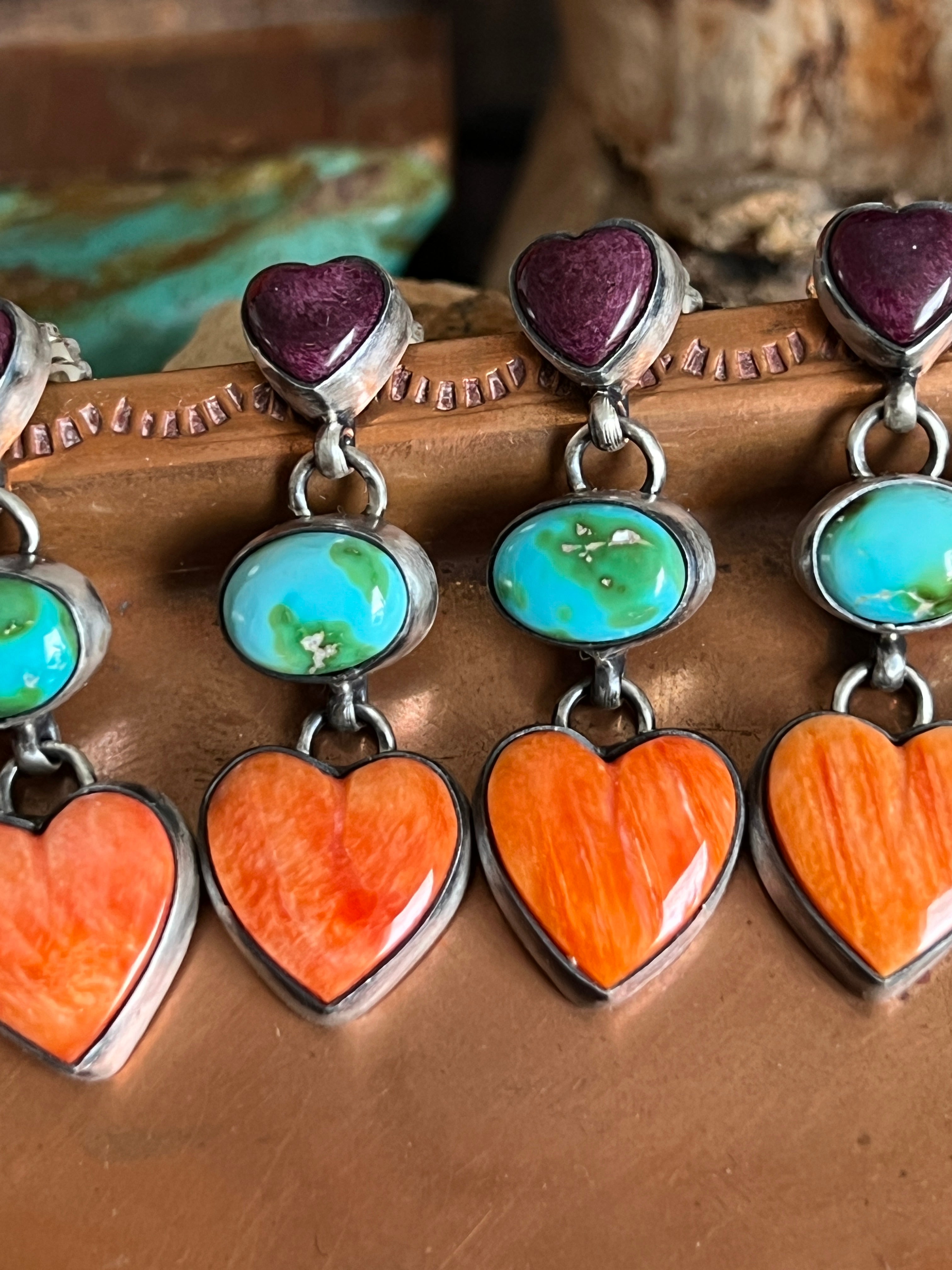 Vibrant Handcrafted Electric Rainbow Sterling Silver, Sonoran Turquoise and Spiny Oyster Shell Heart Post Earrings by Lucy Jake