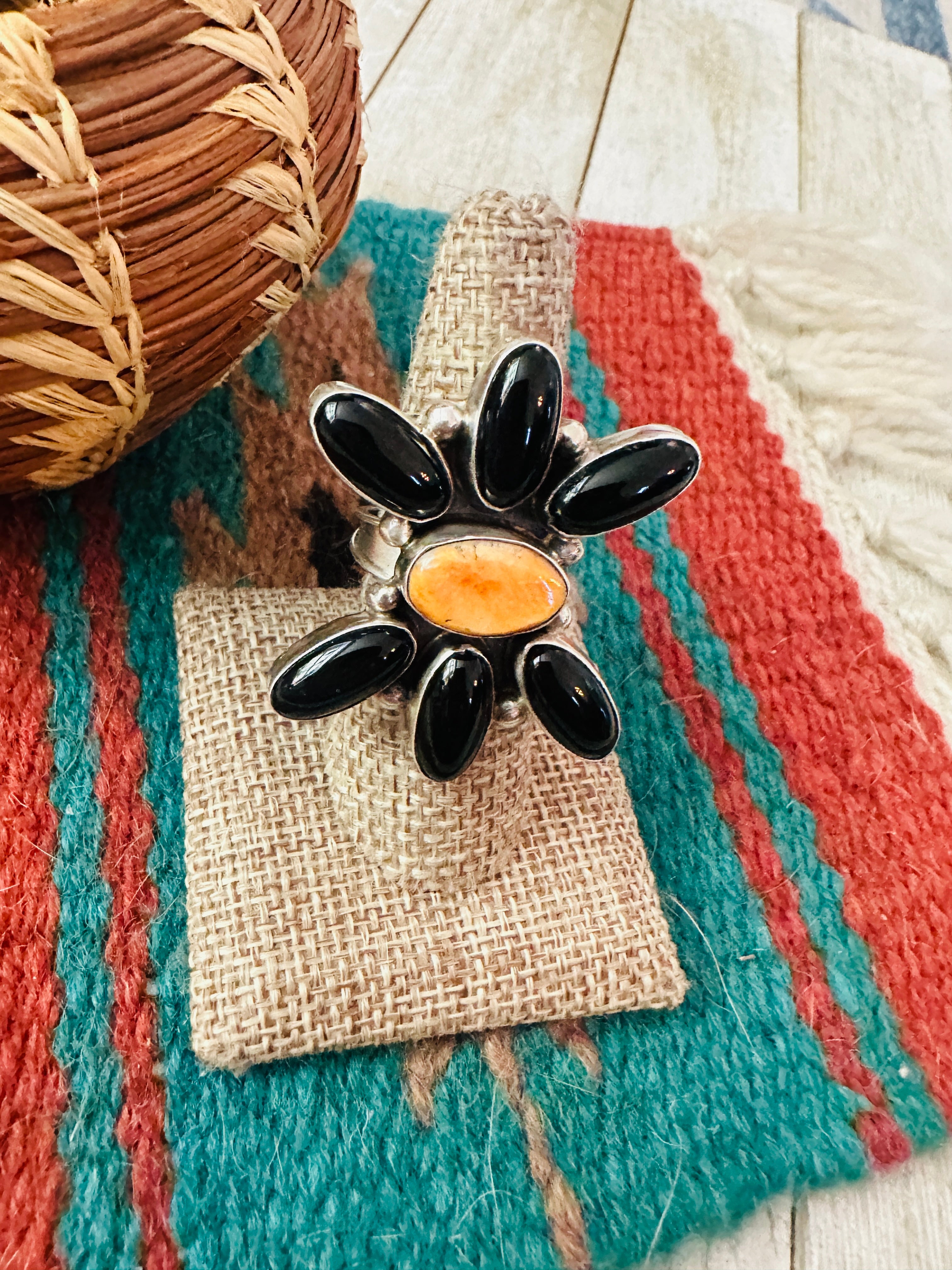 Handcrafted Onyx, Spiny Oyster & Sterling Silver Adjustable Ring by Jacqueline Silver