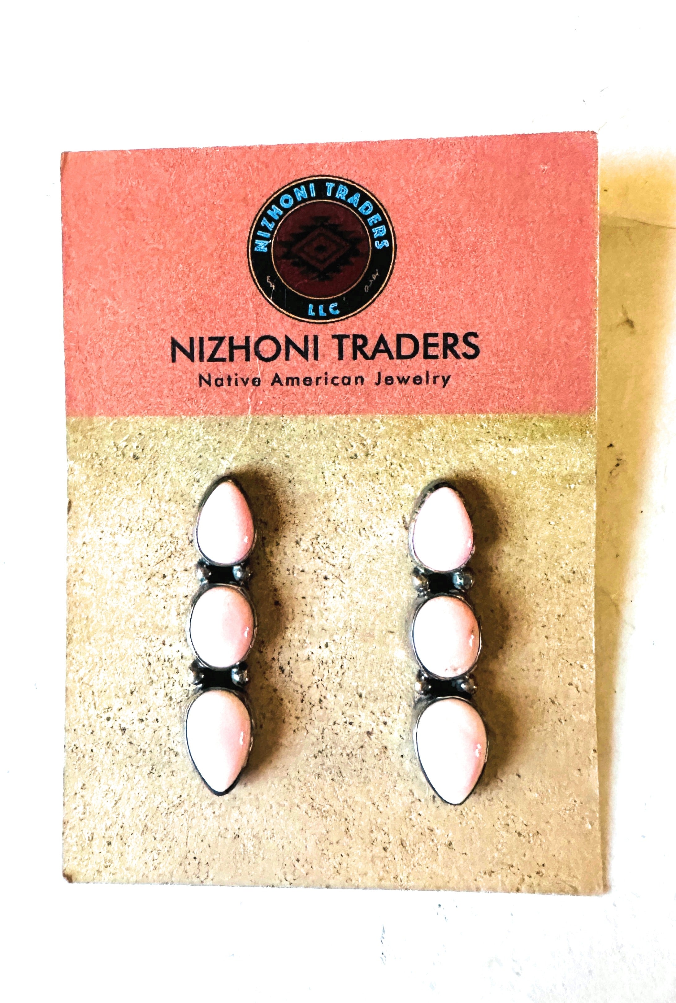 Navajo Queen Pink Conch & Sterling Silver 3-Stone Dangle Earrings