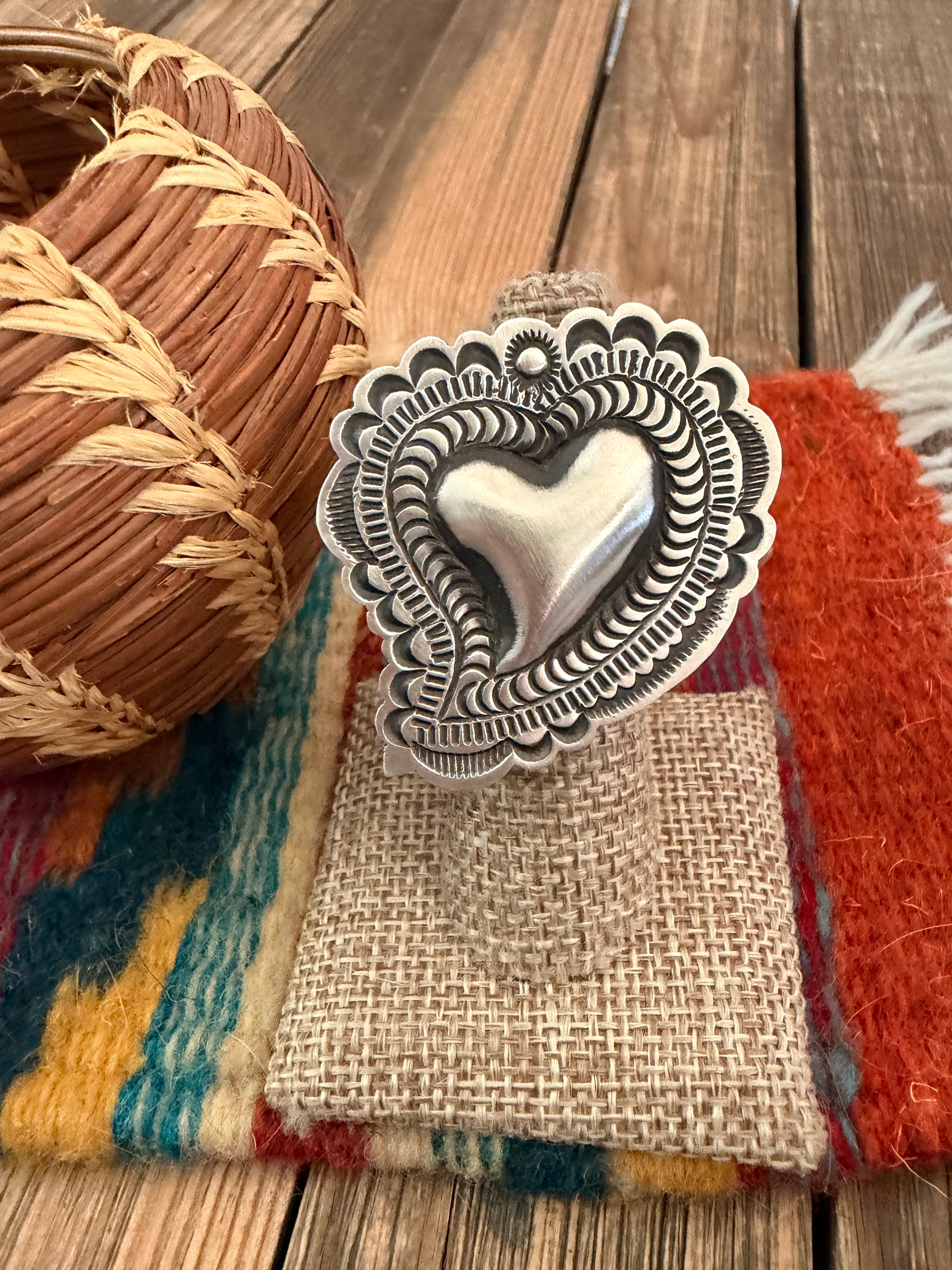 Handcrafted Sterling Silver Adjustable Heart Concho Ring by Leander Tahe