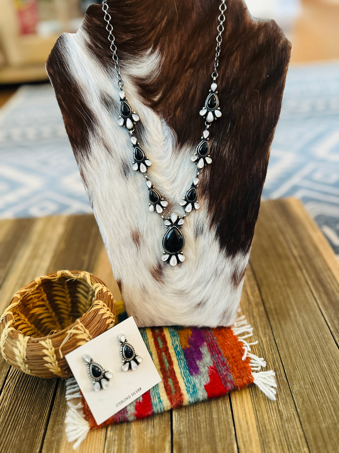 Handcrafted Onyx, Mother of Pearl & Sterling Silver Necklace and Earring Set by Sheila Becenti