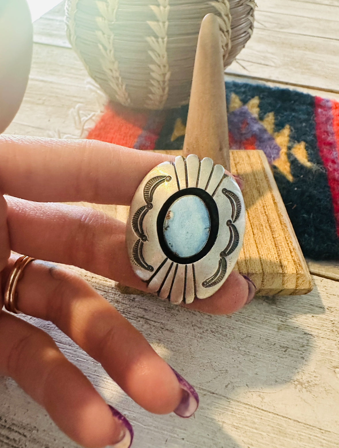 Navajo Golden Hills Turquoise & Sterling Silver Shadowbox Ring Size 8