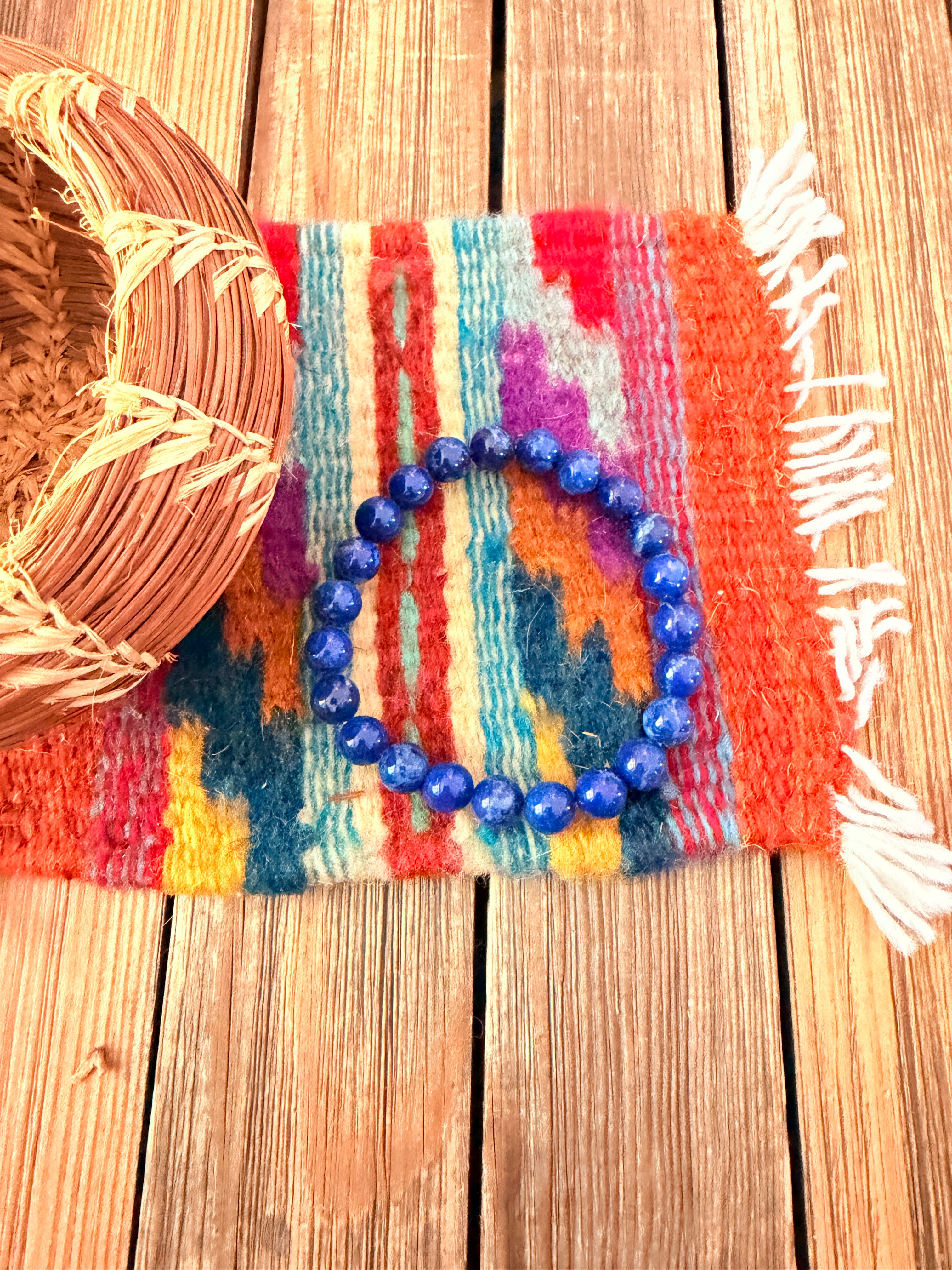 Handcrafted Lapis & Sterling Silver Beaded Stretch Bracelet