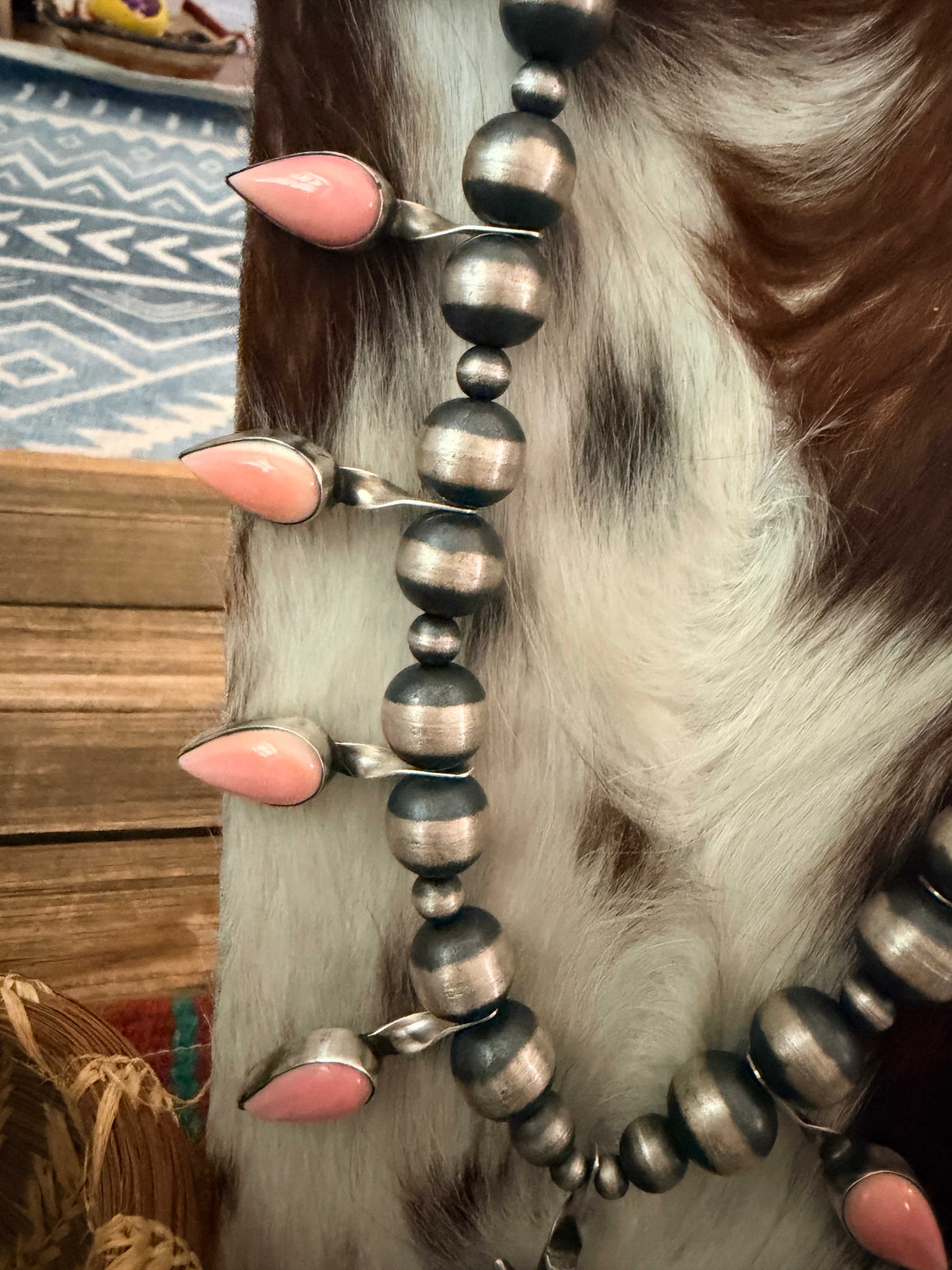 Handcrafted Sterling Silver & Queen Pink Conch Squash Blossom Necklace by Chimney Butte