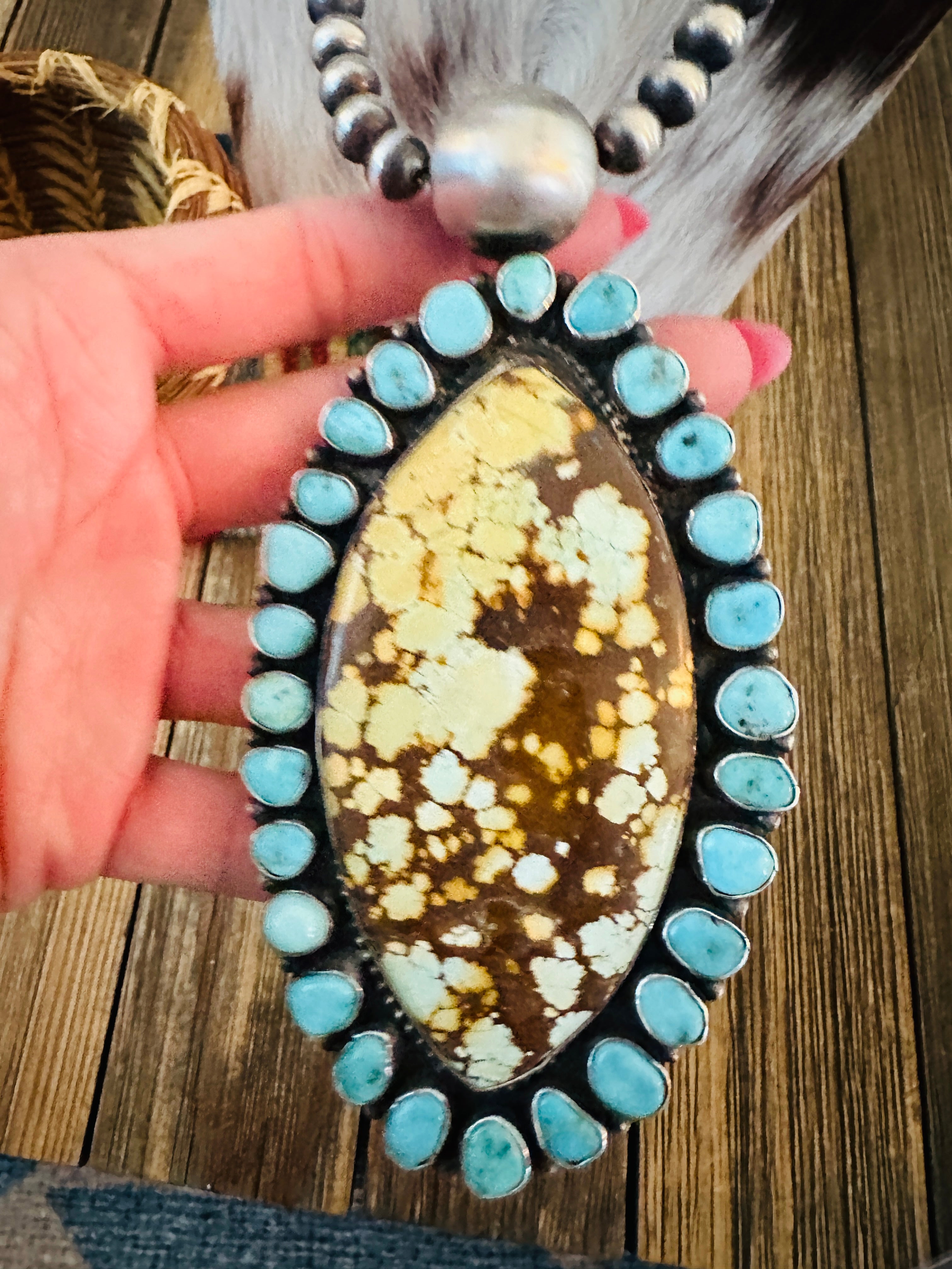 Handcrafted Turquoise & Sterling Silver Cluster Beaded Necklace by Sheila Becenti